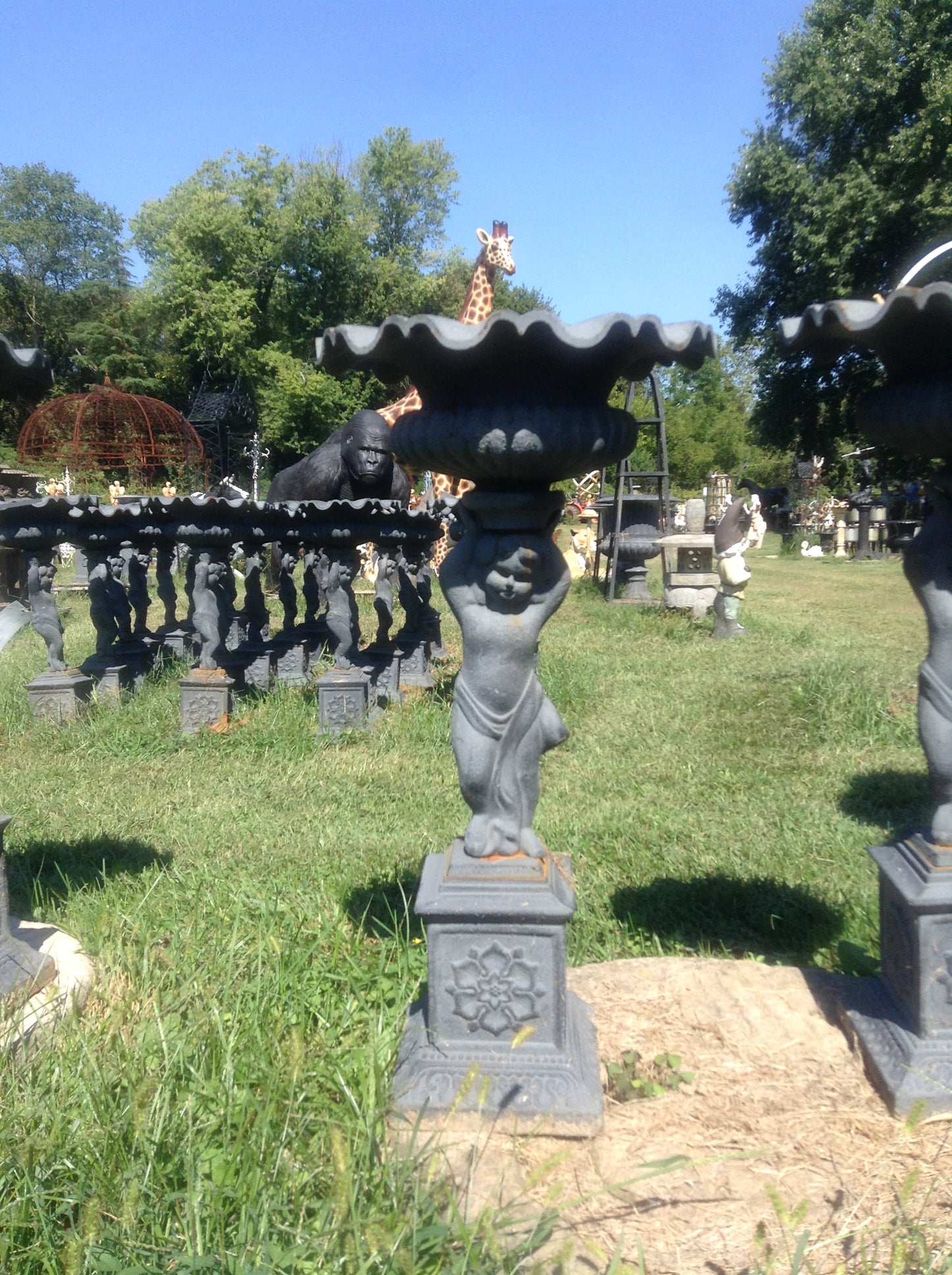 Urns Cast Iron - Pair Short Cherub-Jantiques LLC.