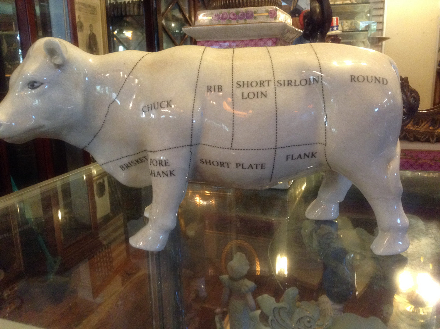 Cow Porcelain Butcher Figurine Chart Statue-Jantiques LLC.