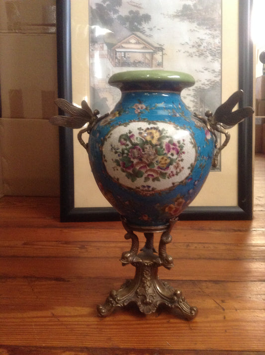 Sevres Porcelain - Blue Vase French w/ Gilt Bronze Ormolu Dragonfly Handles-Jantiques LLC.