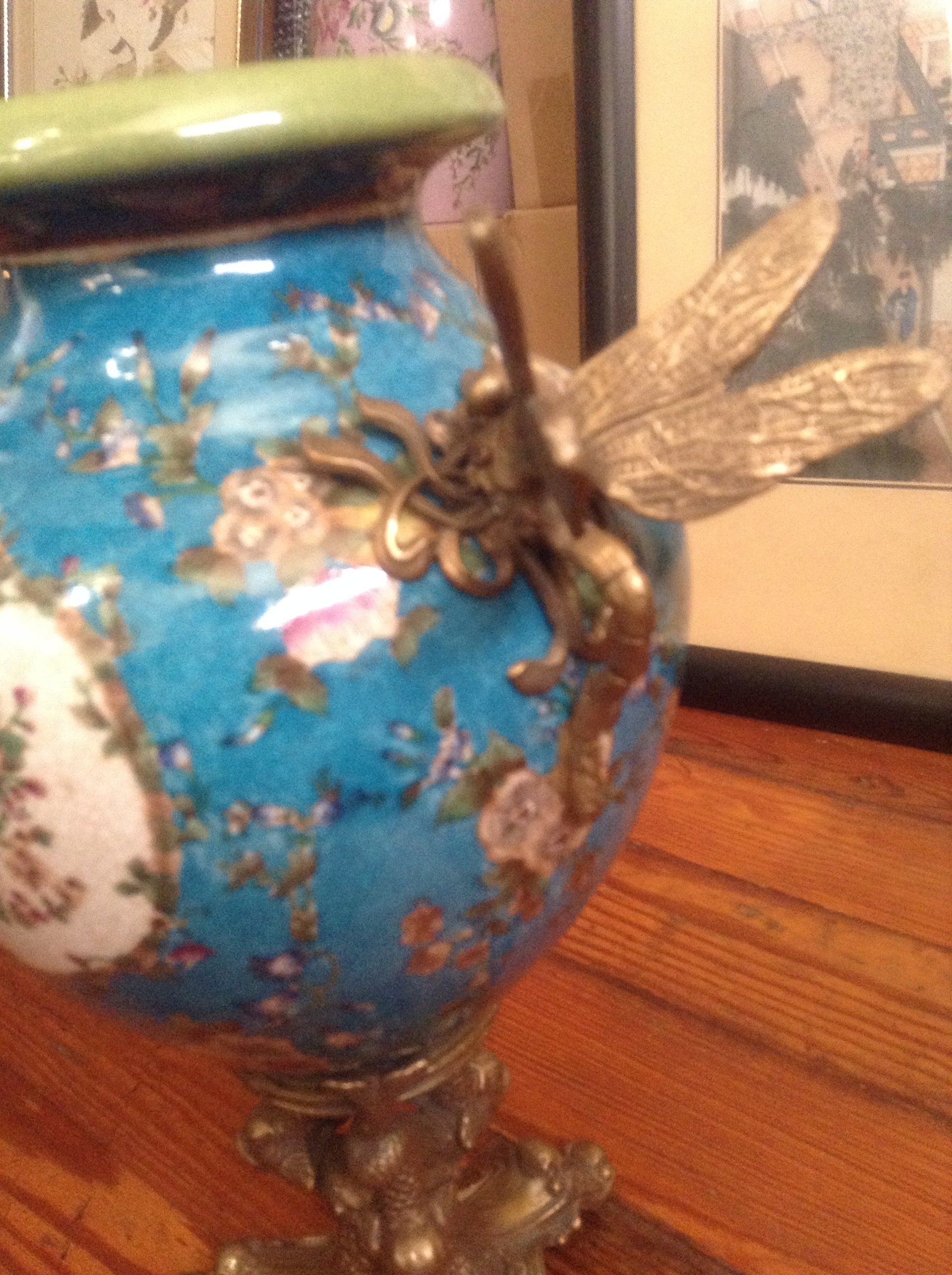 Sevres Porcelain - Blue Vase French w/ Gilt Bronze Ormolu Dragonfly Handles-Jantiques LLC.