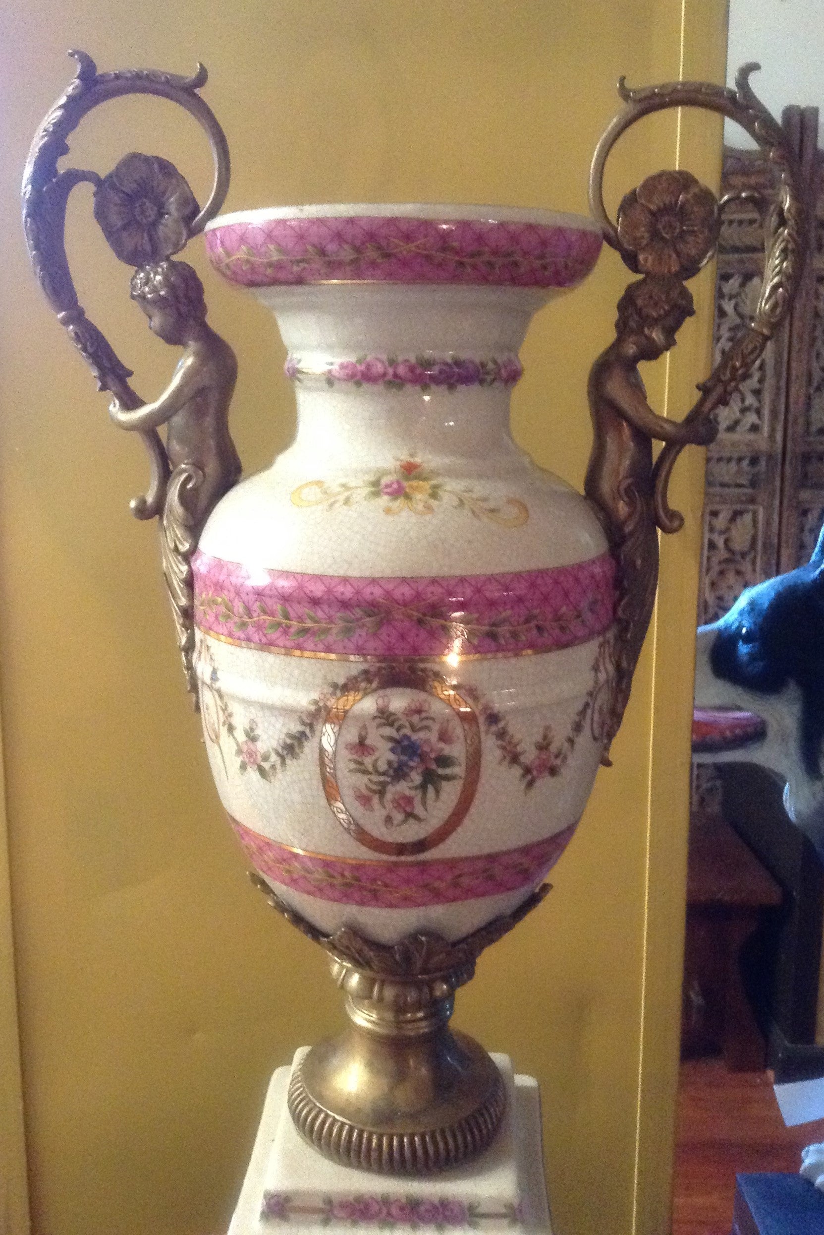 Sevres Porcelain - Pink Pair French Urn Style Vase w/ Gilded Cherub-Jantiques LLC.