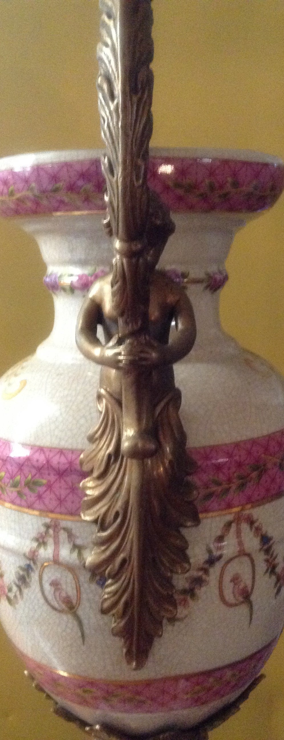 Sevres Porcelain - Pink Pair French Urn Style Vase w/ Gilded Cherub-Jantiques LLC.