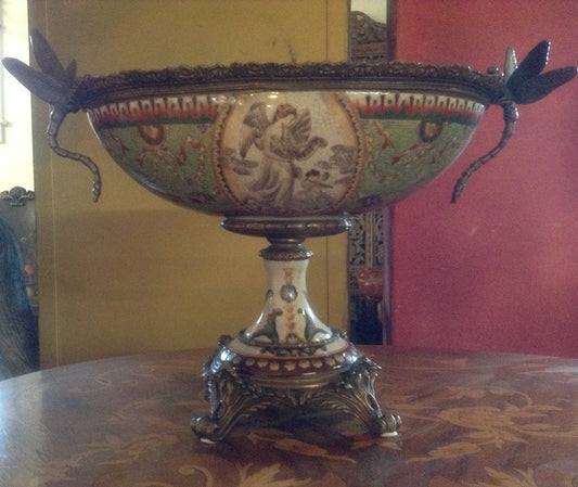 Sevres Porcelain - Green French Style Bowl w/ Gilt Bronze Dragonfly Handle-Jantiques LLC.