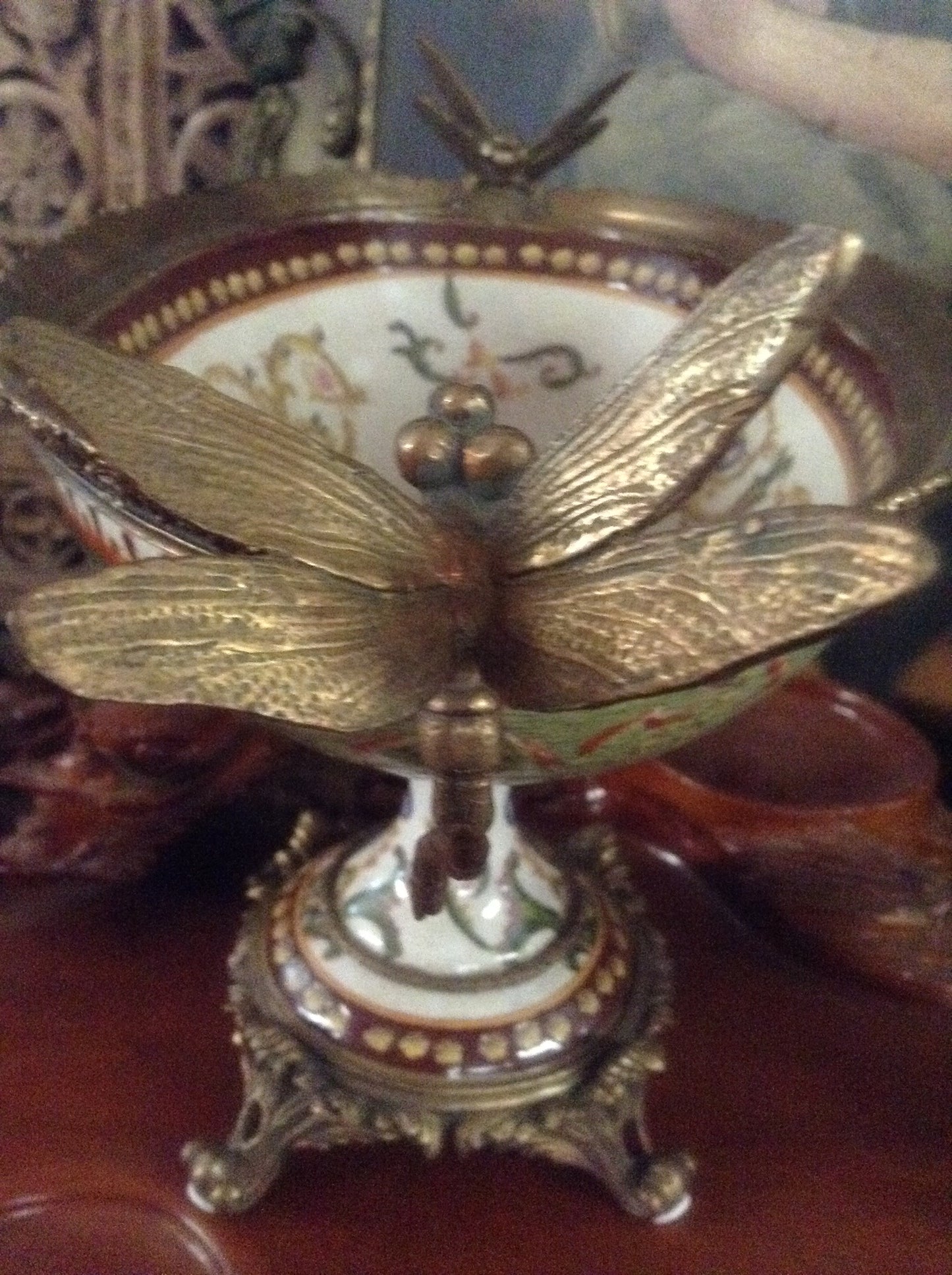 Sevres Porcelain - Green French Style Bowl w/ Gilt Bronze Dragonfly Handle-Jantiques LLC.