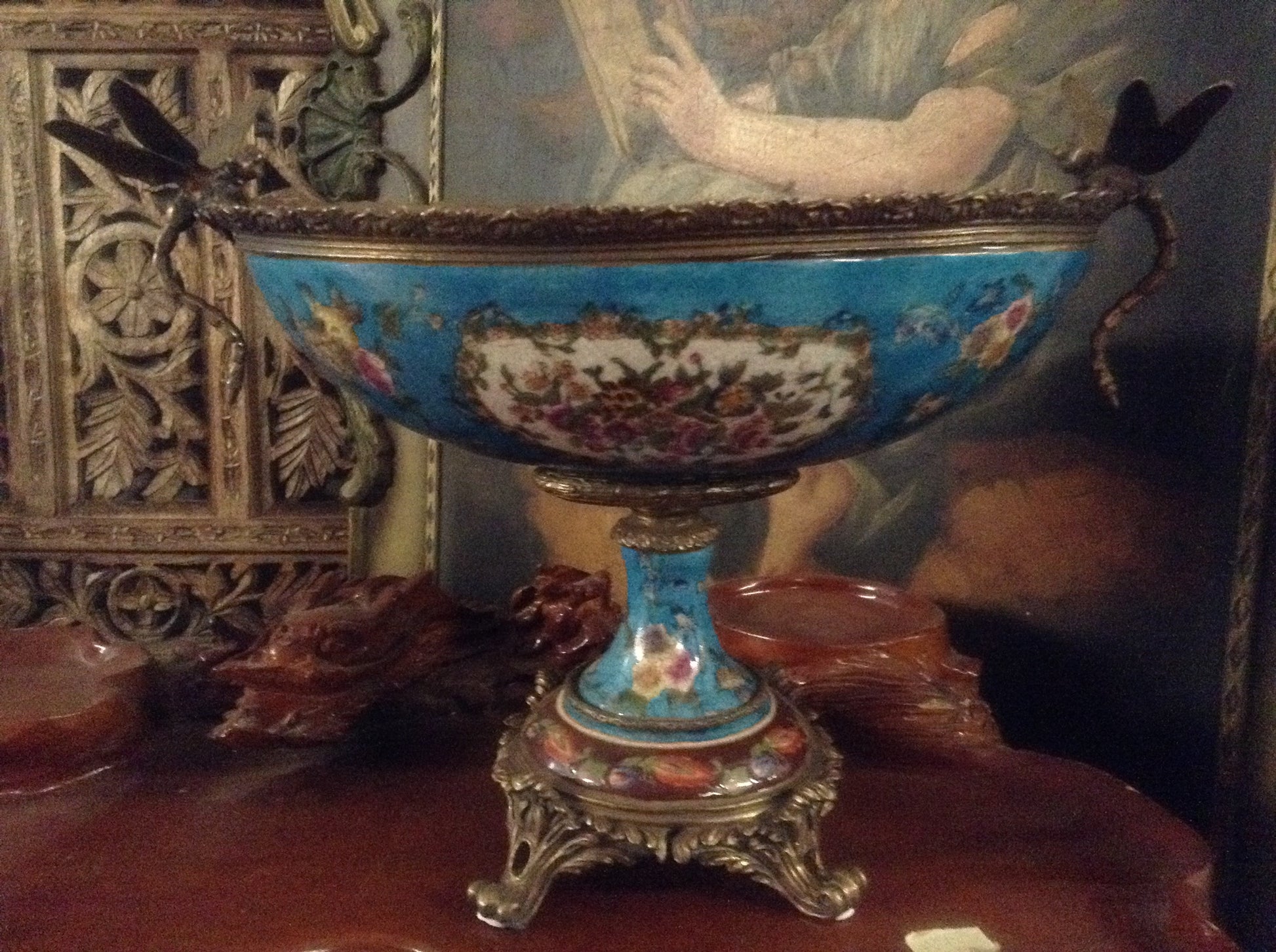 Sevres Porcelain - Blue French Style Bowl w/ Gilt Bronze Dragonfly Handle-Jantiques LLC.