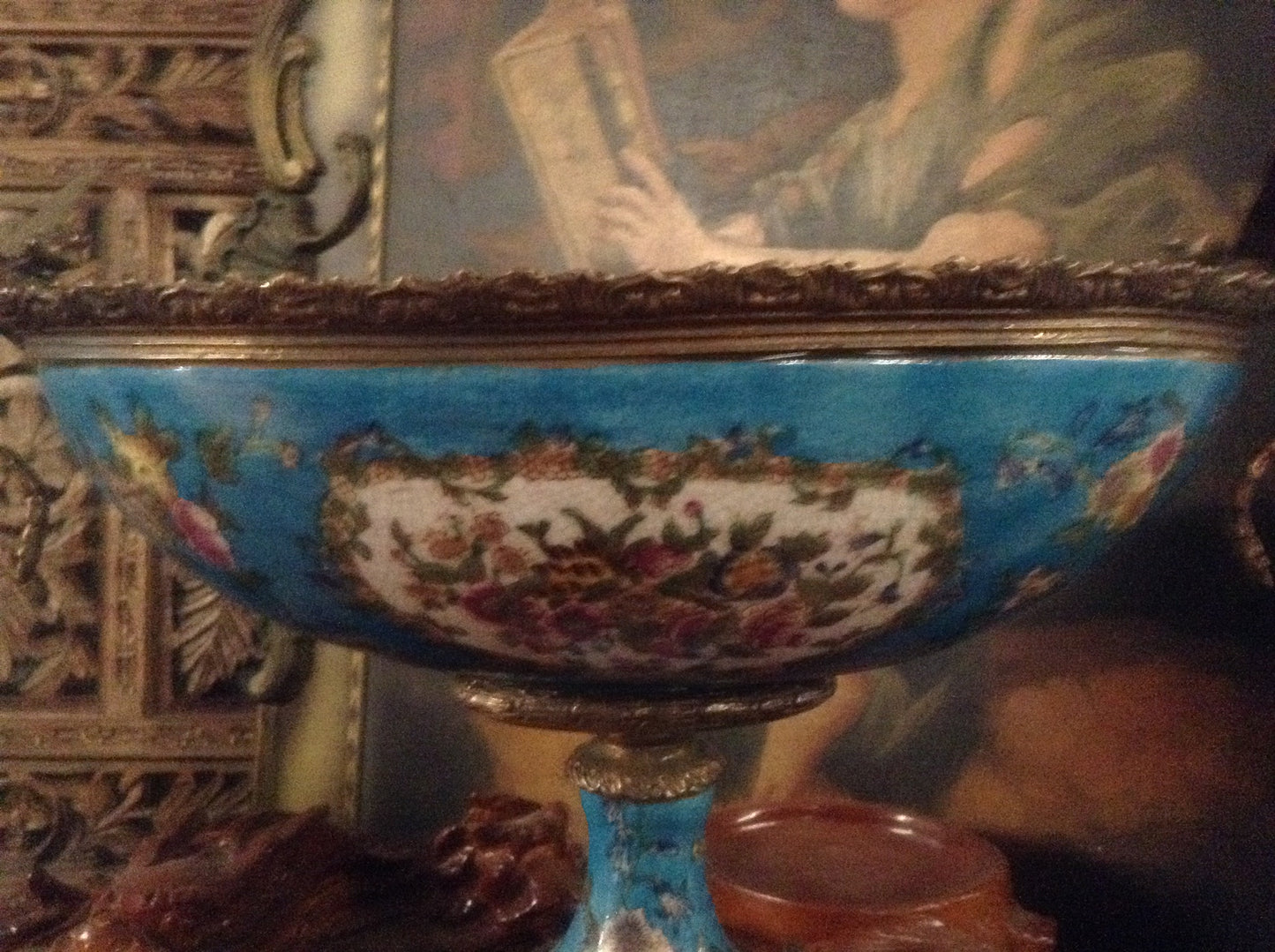 Sevres Porcelain - Blue French Style Bowl w/ Gilt Bronze Dragonfly Handle-Jantiques LLC.