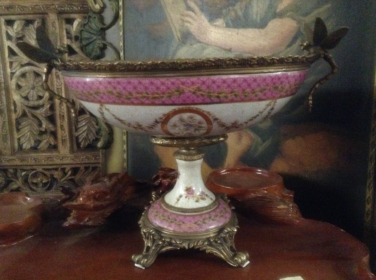 Sevres Porcelain - Pink French Style Bowl w/ Gilt Bronze Dragonfly Handle-Jantiques LLC.