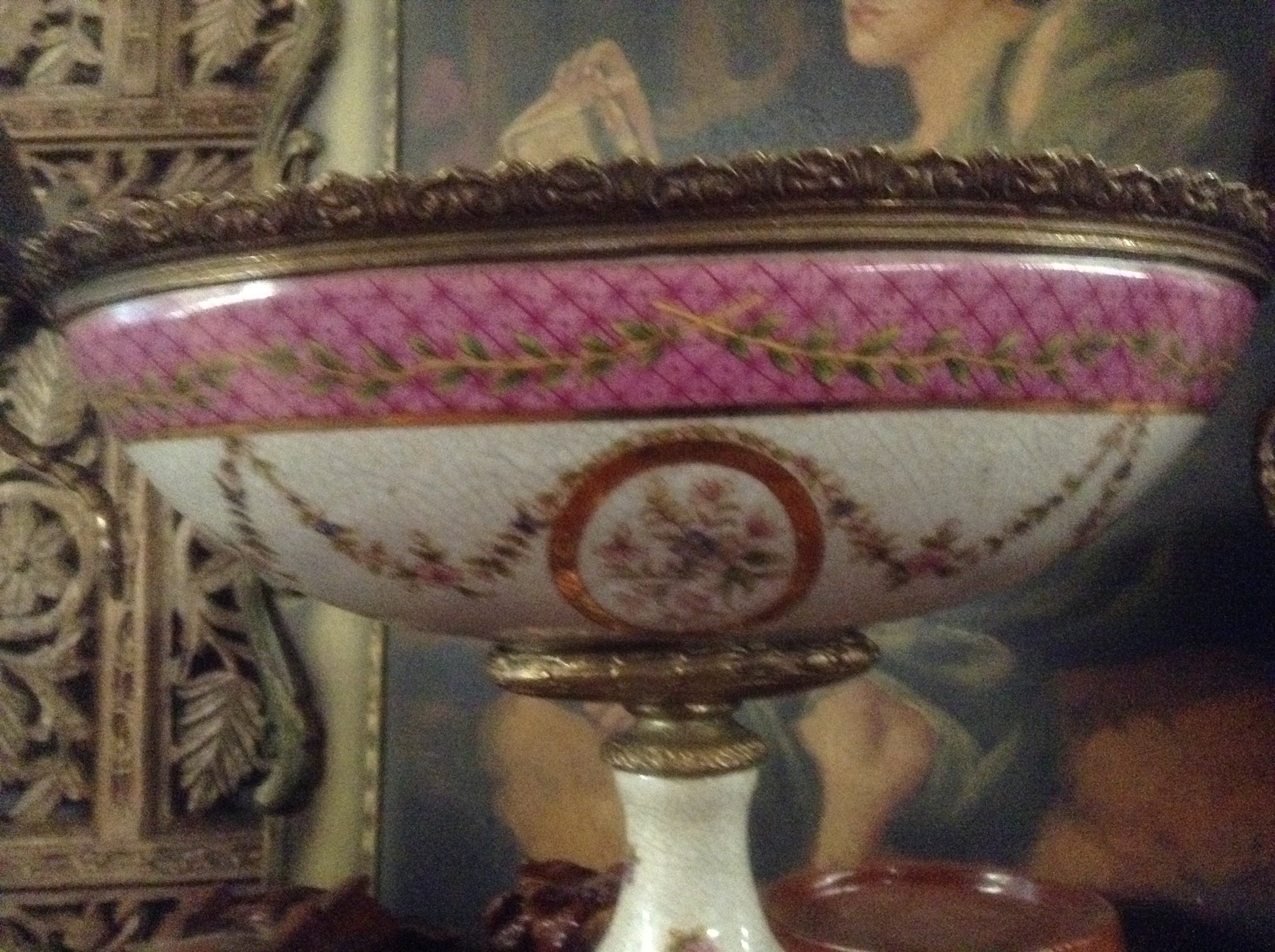 Sevres Porcelain - Pink French Style Bowl w/ Gilt Bronze Dragonfly Handle-Jantiques LLC.