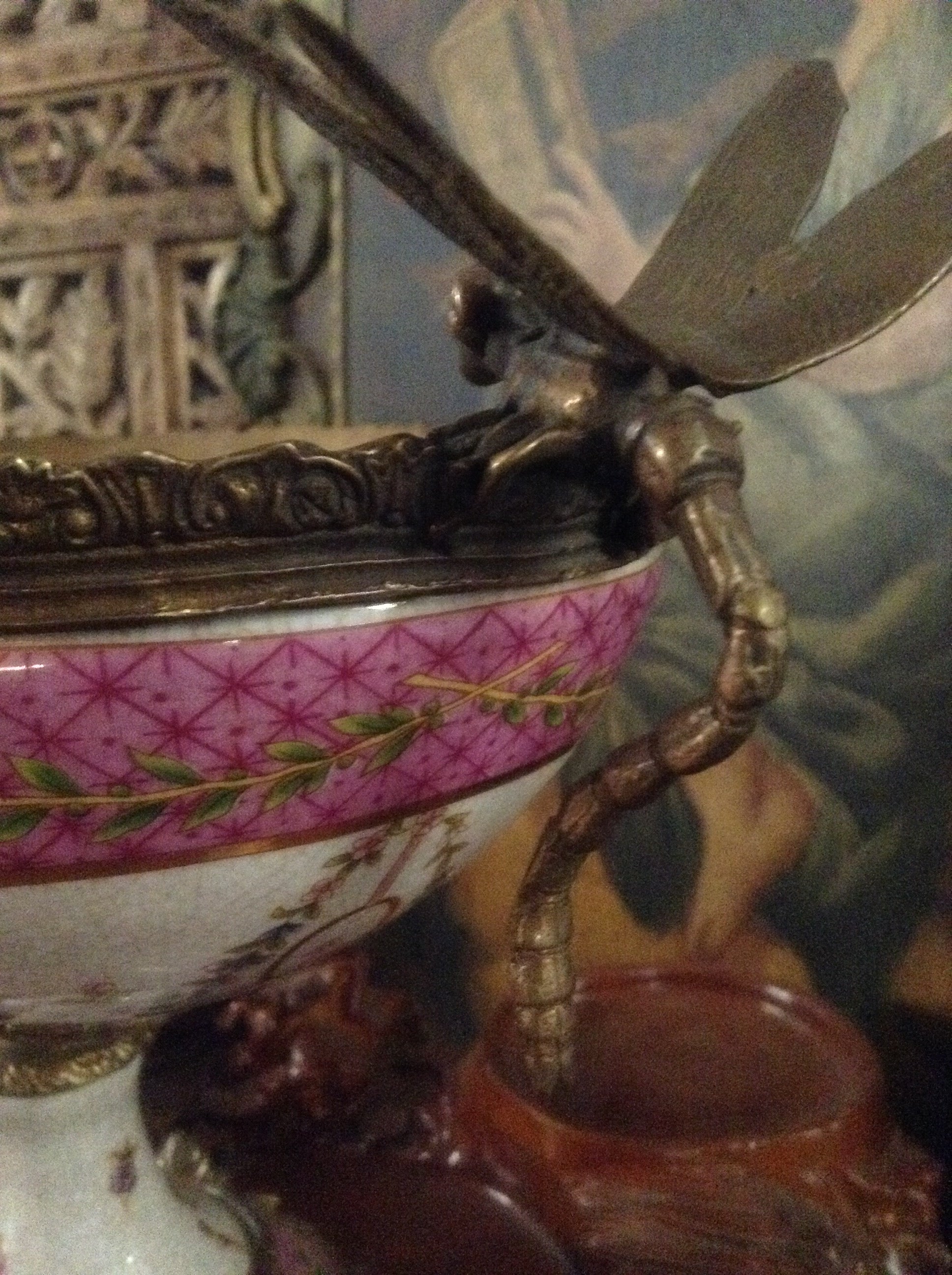 Sevres Porcelain - Pink French Style Bowl w/ Gilt Bronze Dragonfly Handle-Jantiques LLC.