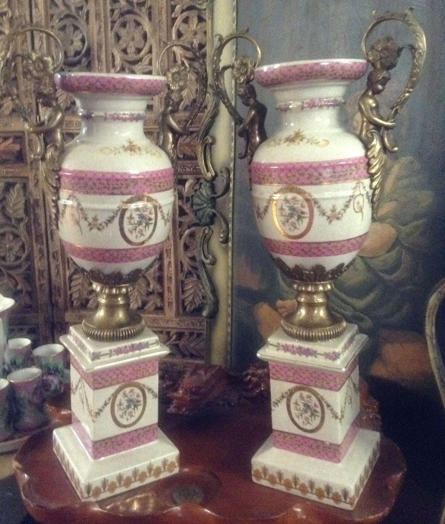 Sevres Porcelain - Pink Pair French Urn Style Vase w/ Gilded Cherub-Jantiques LLC.