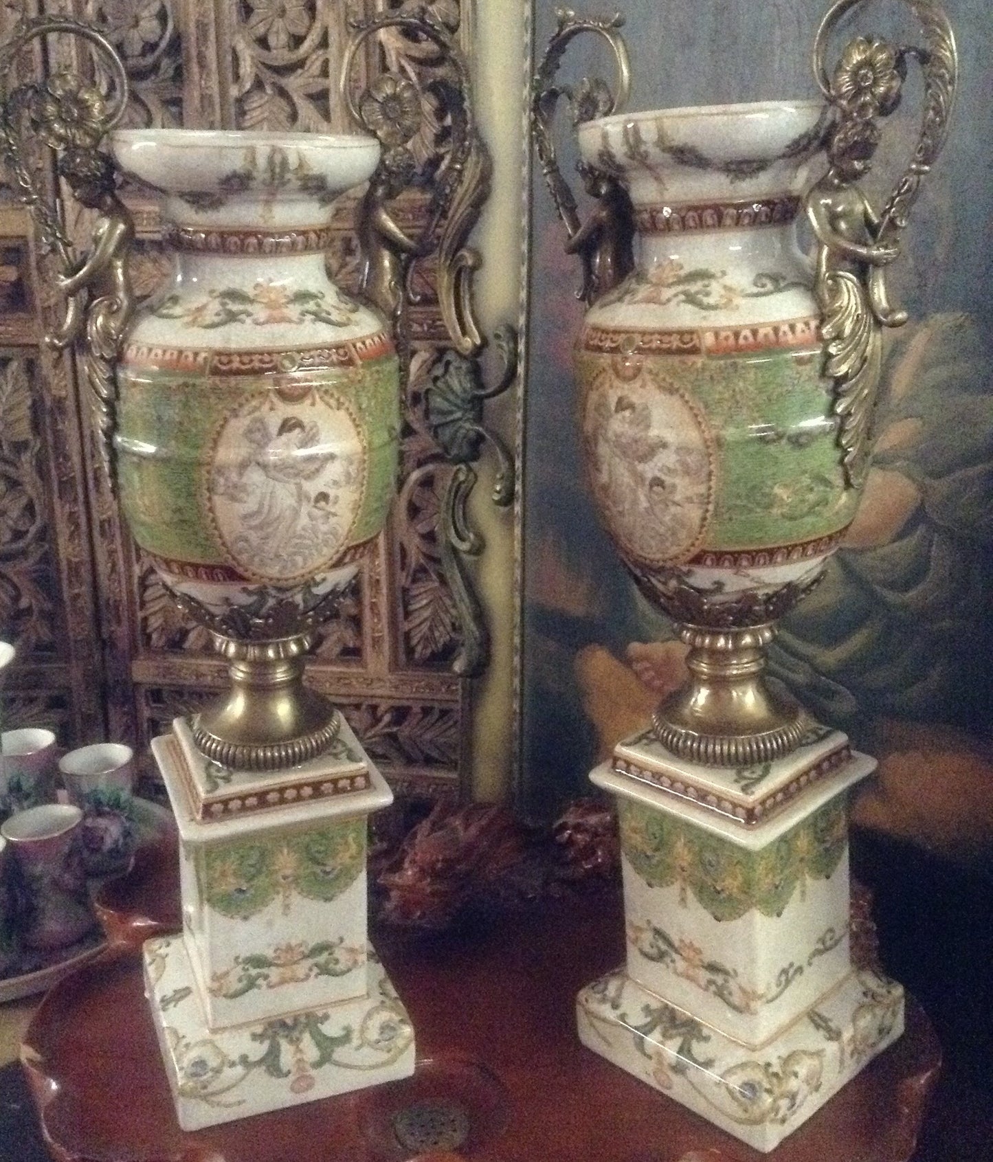 Sevres Porcelain - Green Pair French Urn Style Vase w/ Gilded Cherub-Jantiques LLC.