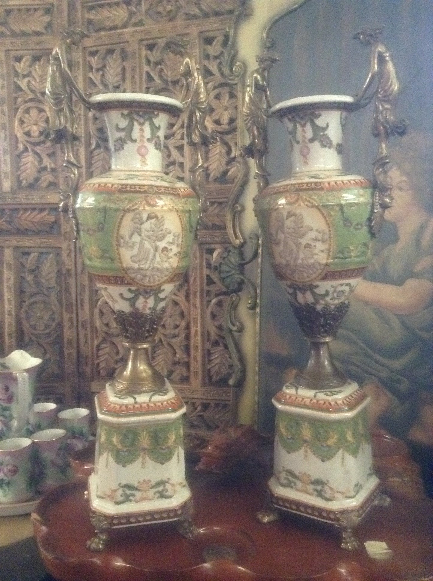 Sevres Porcelain - Green Pair French Urn Style Vase w/ Gilded Ormolu Lady-Jantiques LLC.