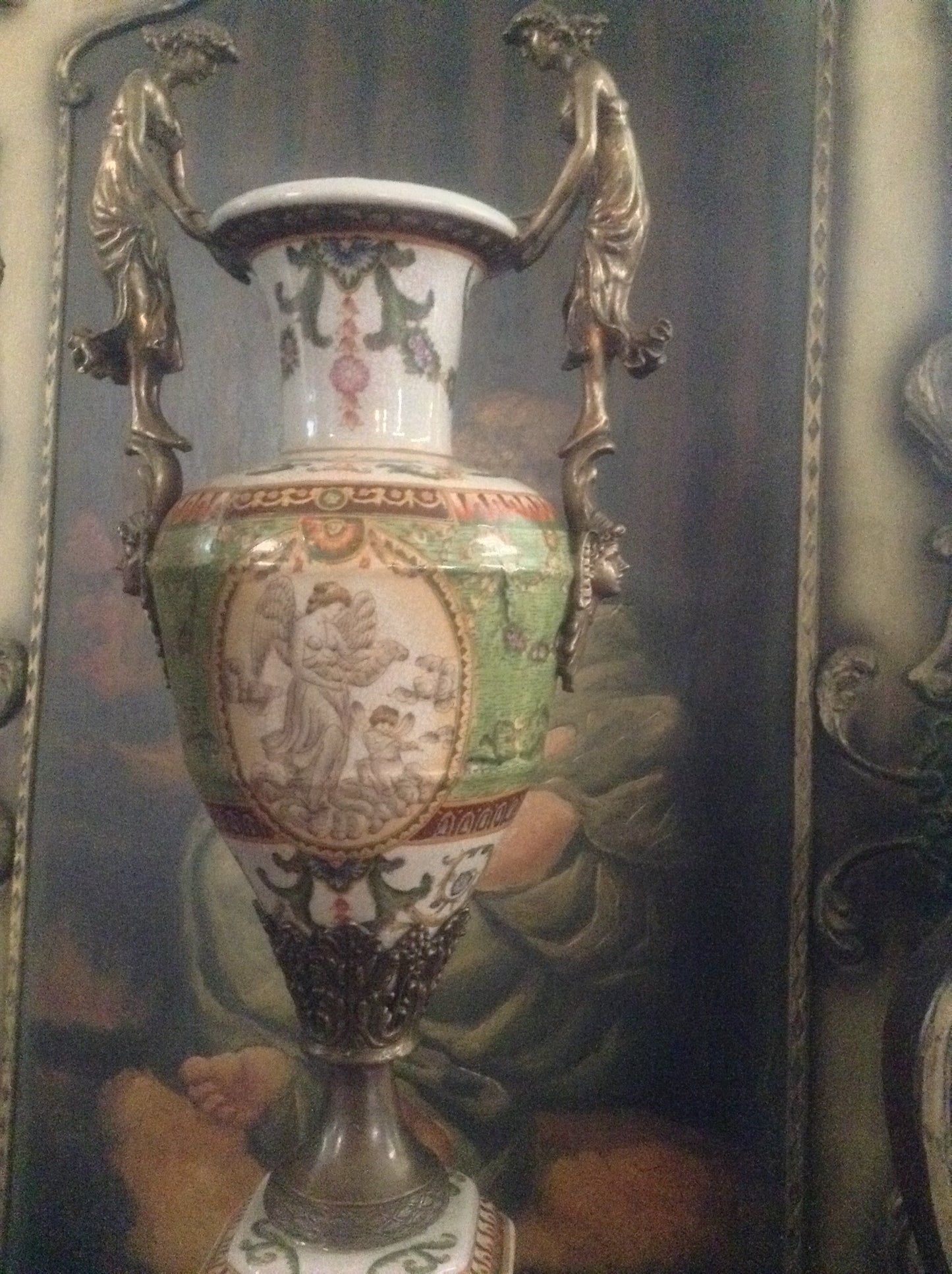 Sevres Porcelain - Green Pair French Urn Style Vase w/ Gilded Ormolu Lady-Jantiques LLC.