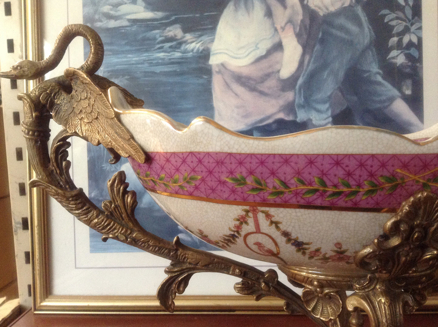 Sevres Porcelain - Pink French Style Bowl w/ Gilt Bronze Swan Handle-Jantiques LLC.