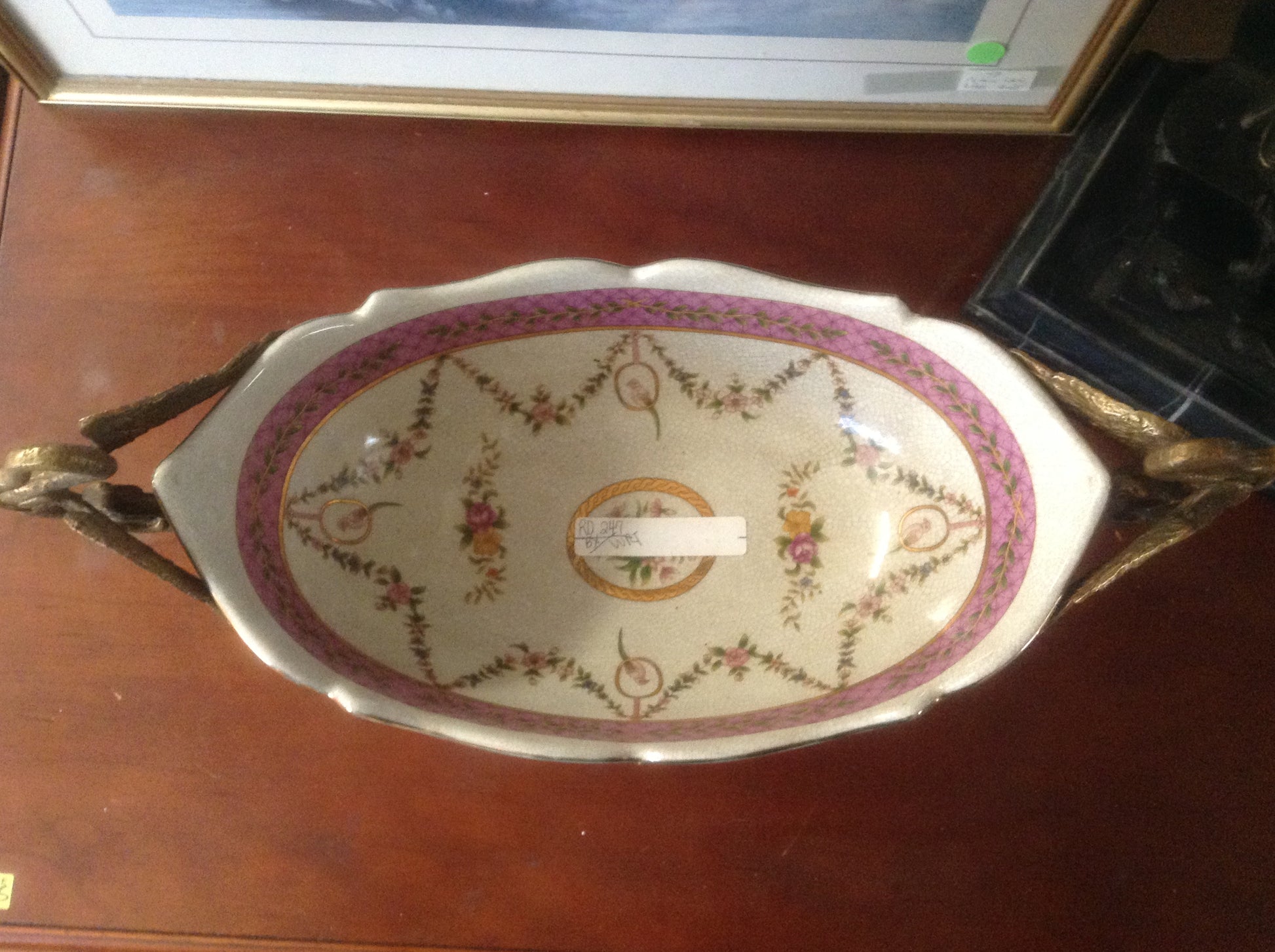 Sevres Porcelain - Pink French Style Bowl w/ Gilt Bronze Swan Handle-Jantiques LLC.