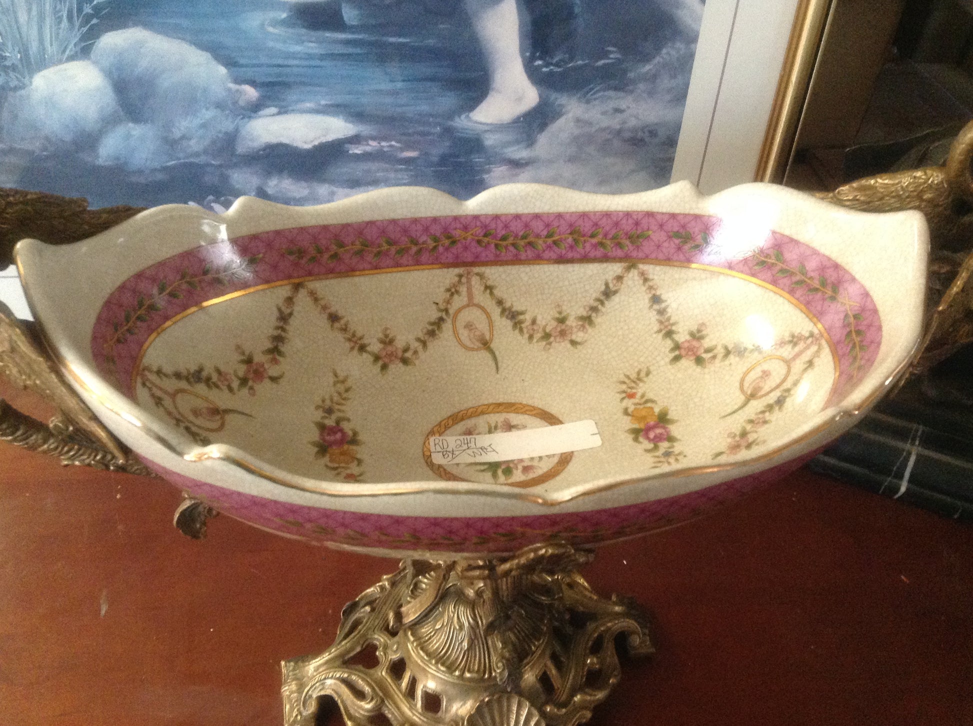 Sevres Porcelain - Pink French Style Bowl w/ Gilt Bronze Swan Handle-Jantiques LLC.