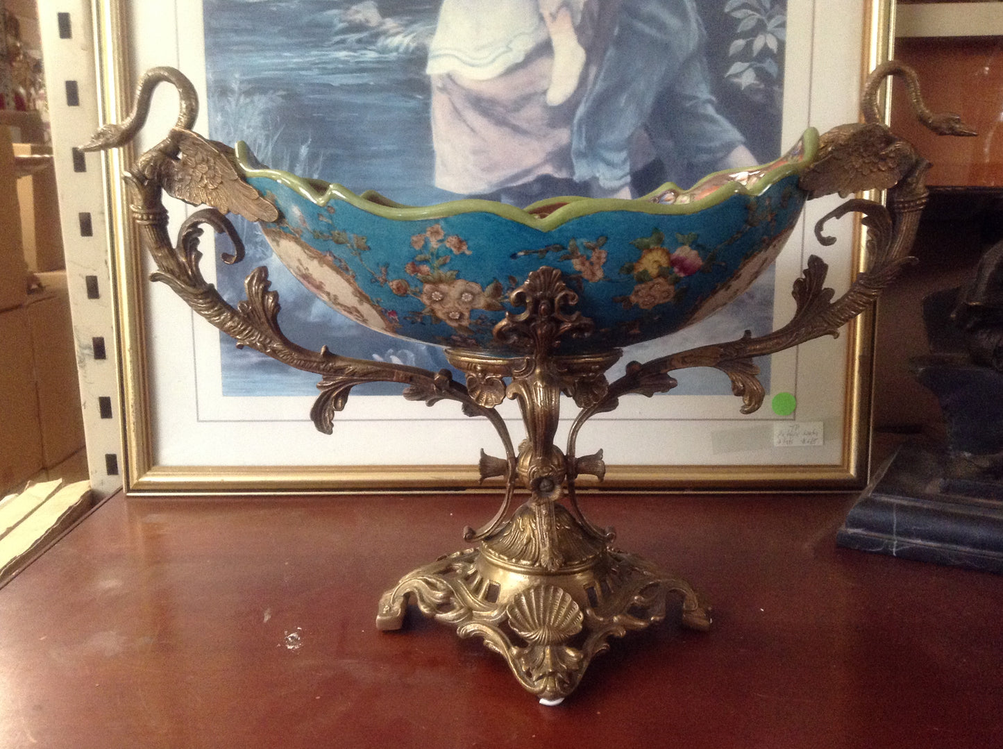 Sevres Porcelain - Blue French Style Bowl w/ Gilt Bronze Swan Handle-Jantiques LLC.