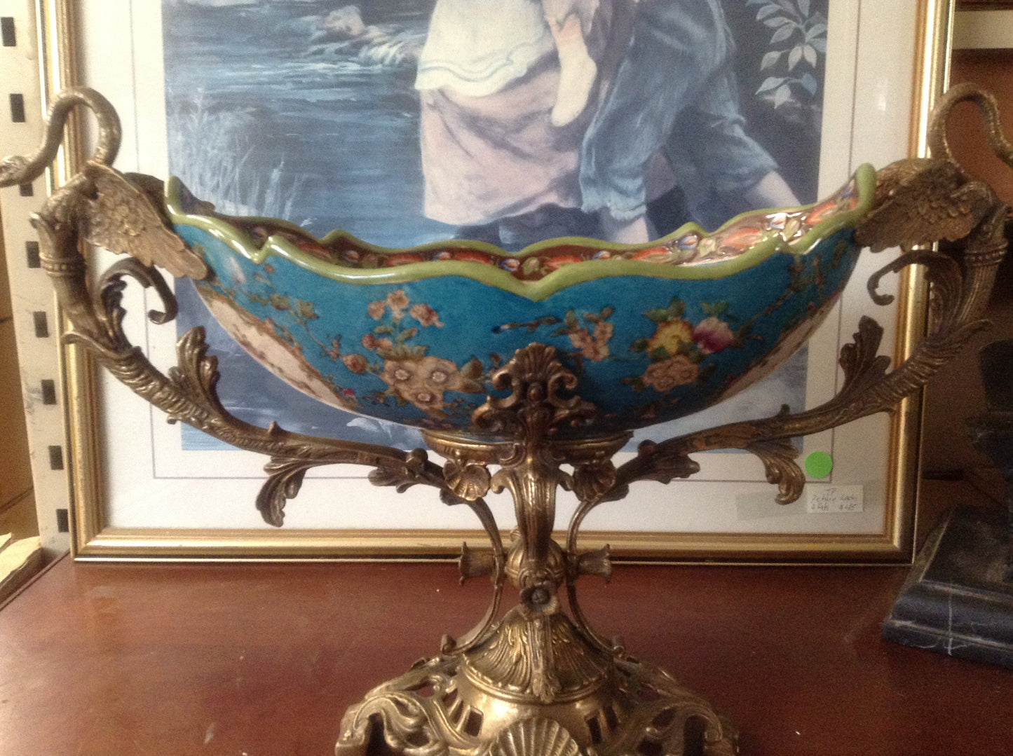 Sevres Porcelain - Blue French Style Bowl w/ Gilt Bronze Swan Handle-Jantiques LLC.