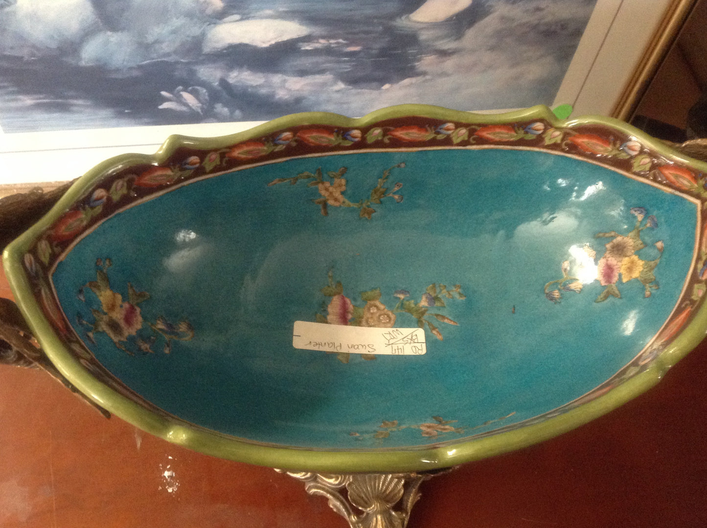 Sevres Porcelain - Blue French Style Bowl w/ Gilt Bronze Swan Handle-Jantiques LLC.