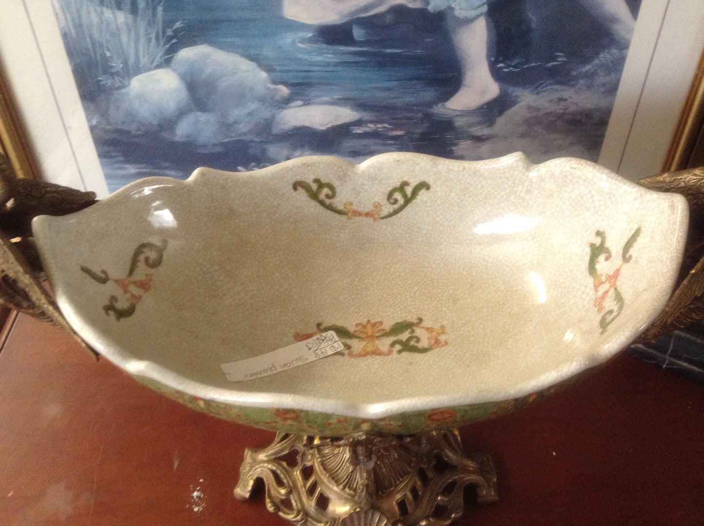 Sevres Porcelain - Green French Style Bowl w/ Gilt Bronze Swan Handle-Jantiques LLC.