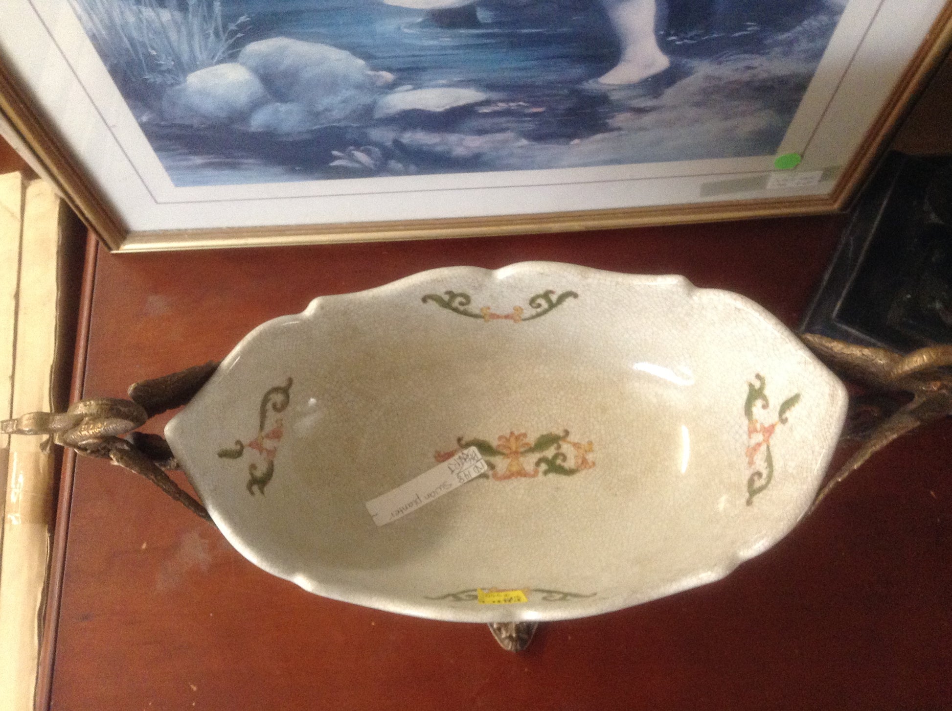 Sevres Porcelain - Green French Style Bowl w/ Gilt Bronze Swan Handle-Jantiques LLC.