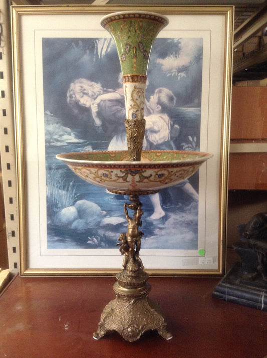 Sevres Porcelain - Green French Style Fountain Dish w/ Gilt Bronze Cherub-Jantiques LLC.