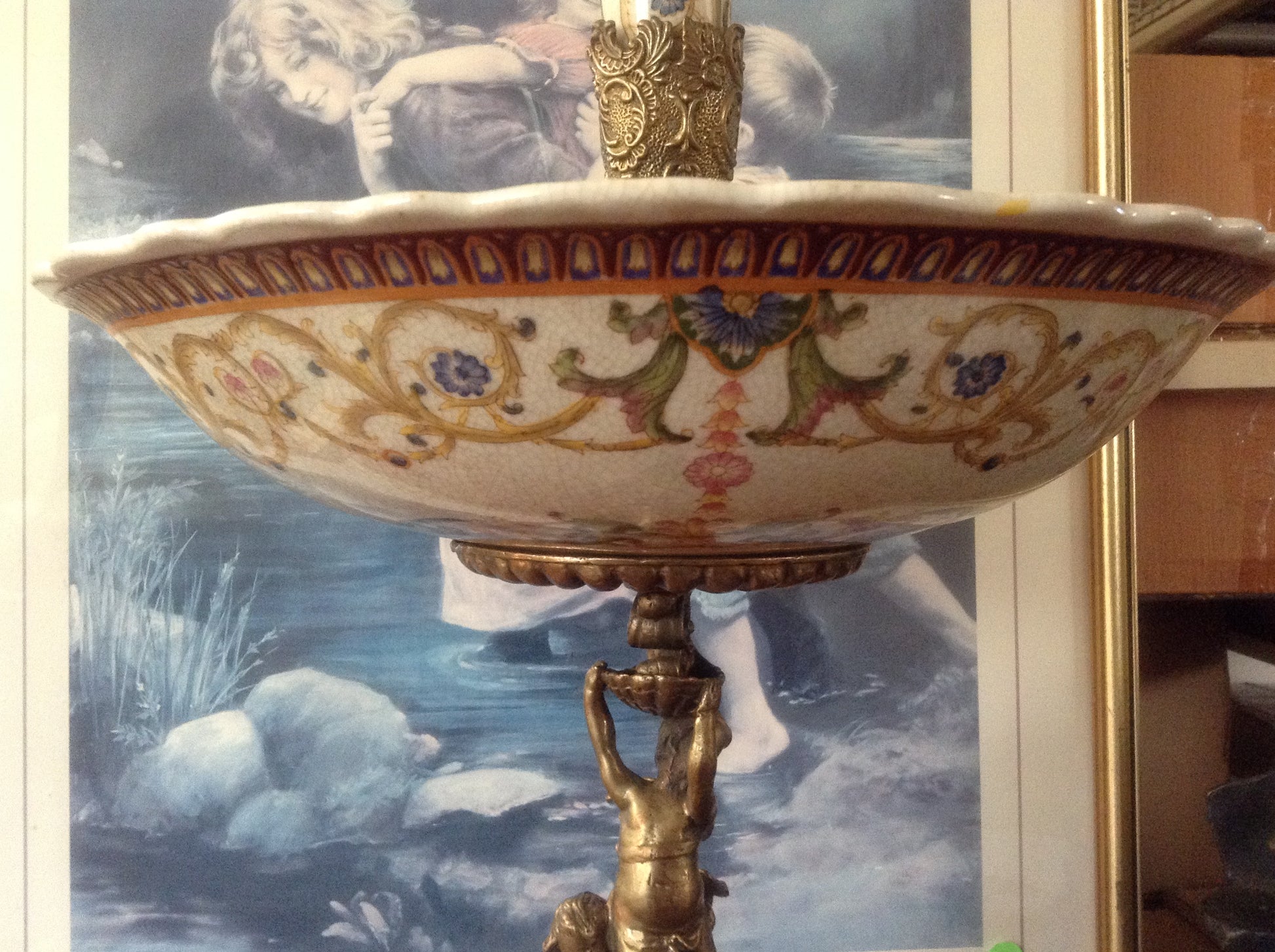 Sevres Porcelain - Green French Style Fountain Dish w/ Gilt Bronze Cherub-Jantiques LLC.