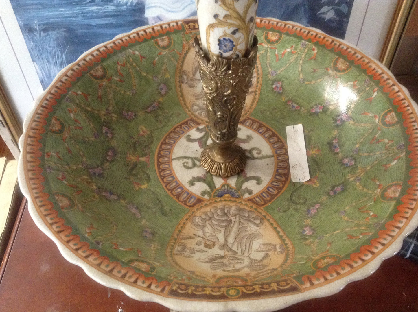 Sevres Porcelain - Green French Style Fountain Dish w/ Gilt Bronze Cherub-Jantiques LLC.