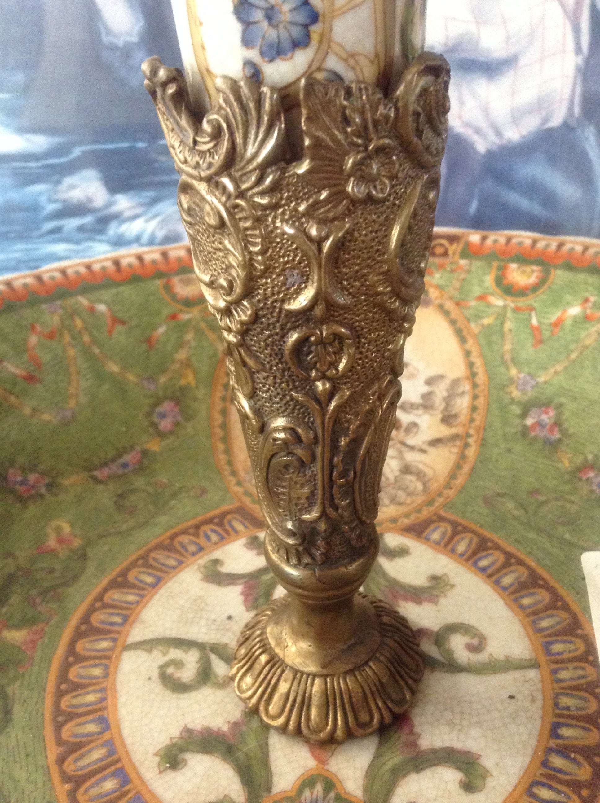 Sevres Porcelain - Green French Style Fountain Dish w/ Gilt Bronze Cherub-Jantiques LLC.