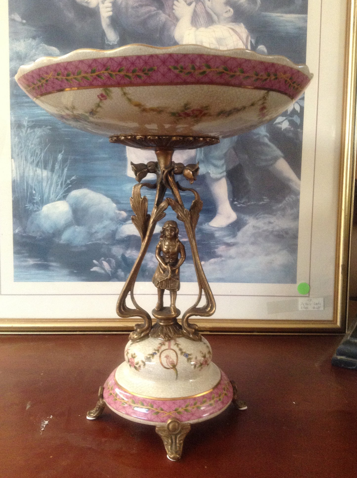 Sevres Porcelain - Pink French Style Dish w/ Gilt Bronze Lady with basket-Jantiques LLC.