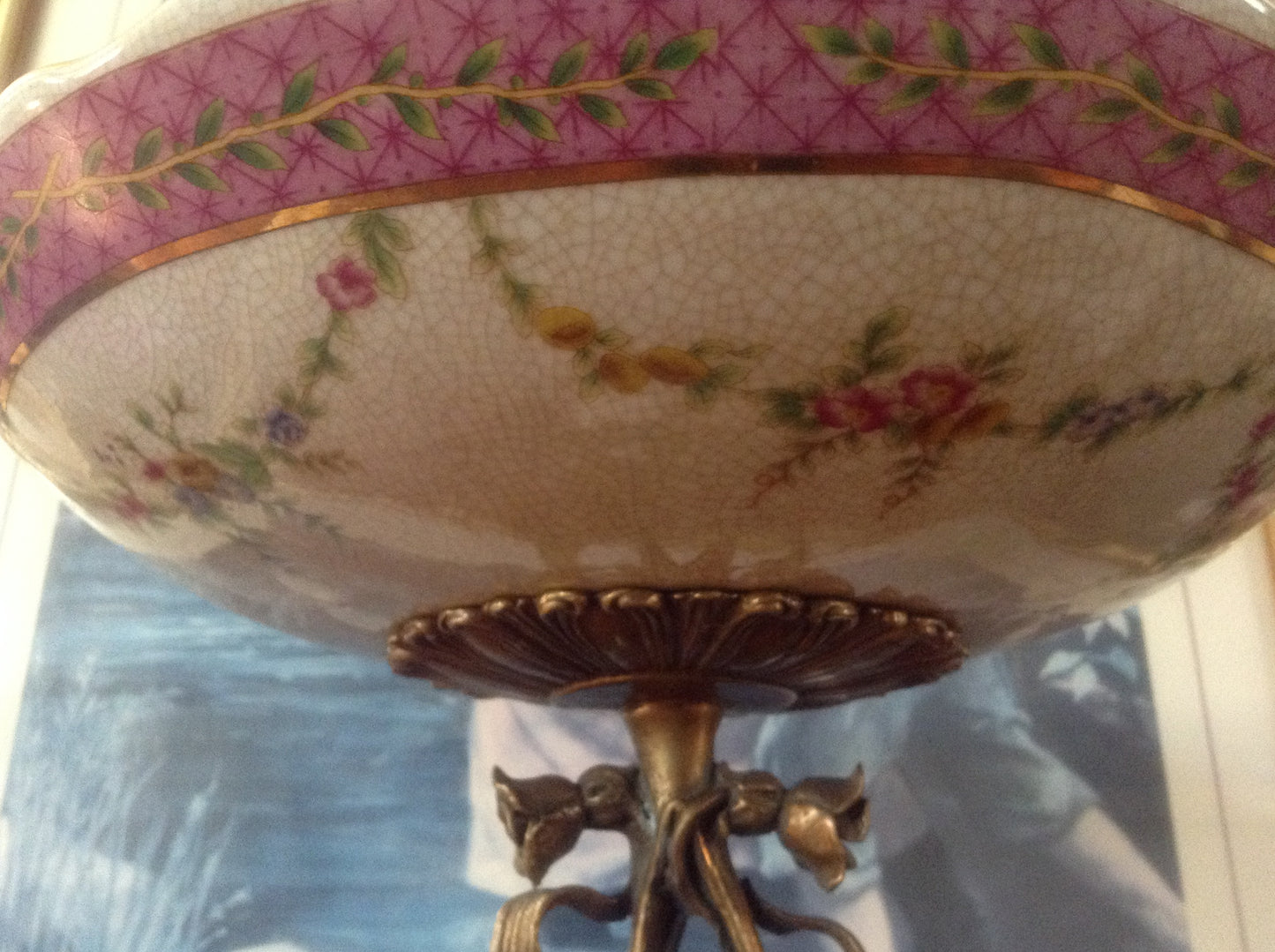 Sevres Porcelain - Pink French Style Dish w/ Gilt Bronze Lady with basket-Jantiques LLC.