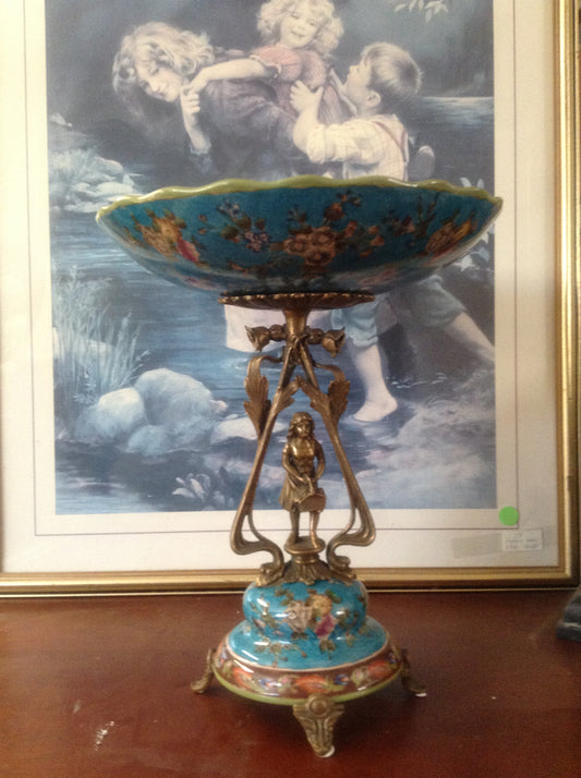 Sevres Porcelain - Blue French Style Dish w/ Gilt Bronze Lady with basket-Jantiques LLC.