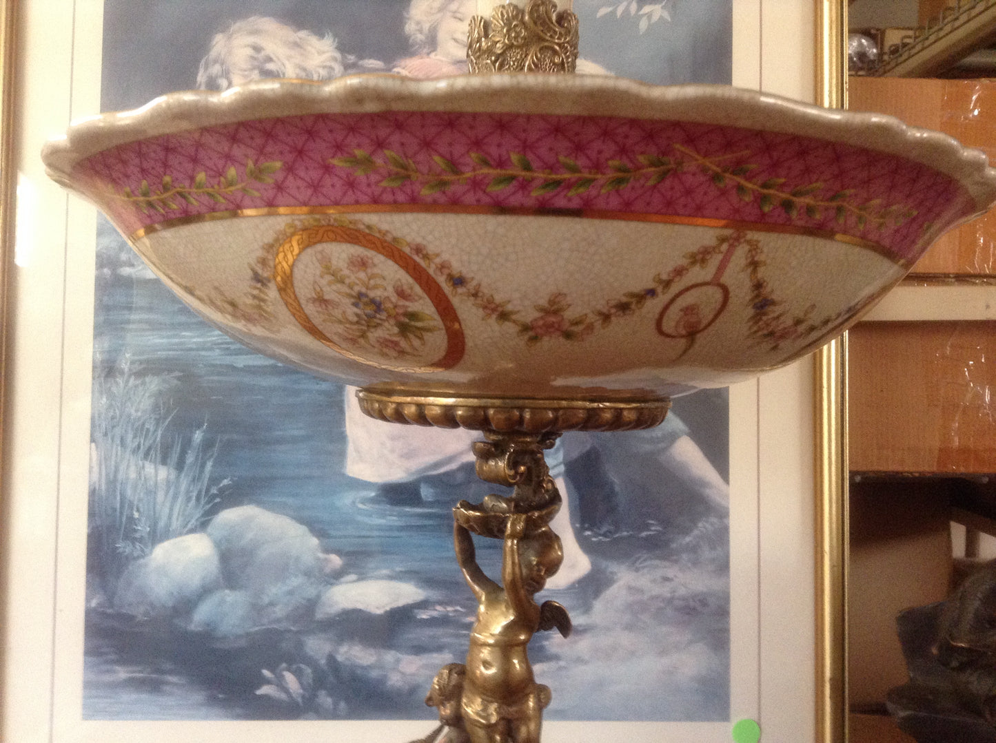 Sevres Porcelain - Pink French Style Fountain Dish w/ Gilt Bronze Cherub-Jantiques LLC.