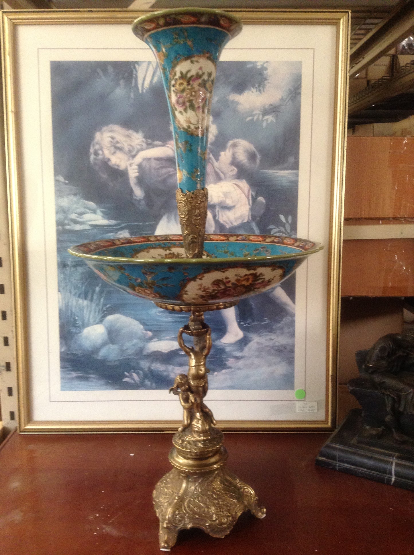 Sevres Porcelain - Blue French Style Fountain Dish w/ Gilt Bronze Cherub-Jantiques LLC.