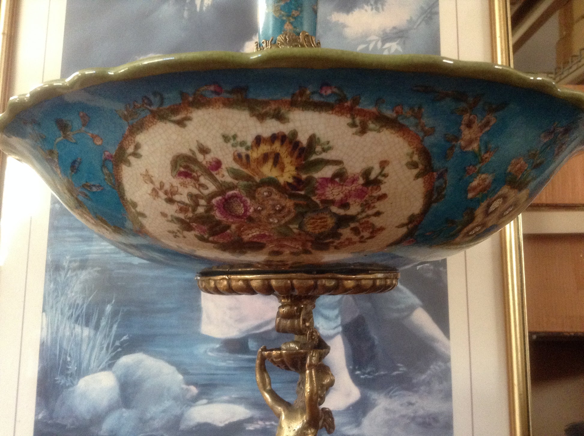 Sevres Porcelain - Blue French Style Fountain Dish w/ Gilt Bronze Cherub-Jantiques LLC.