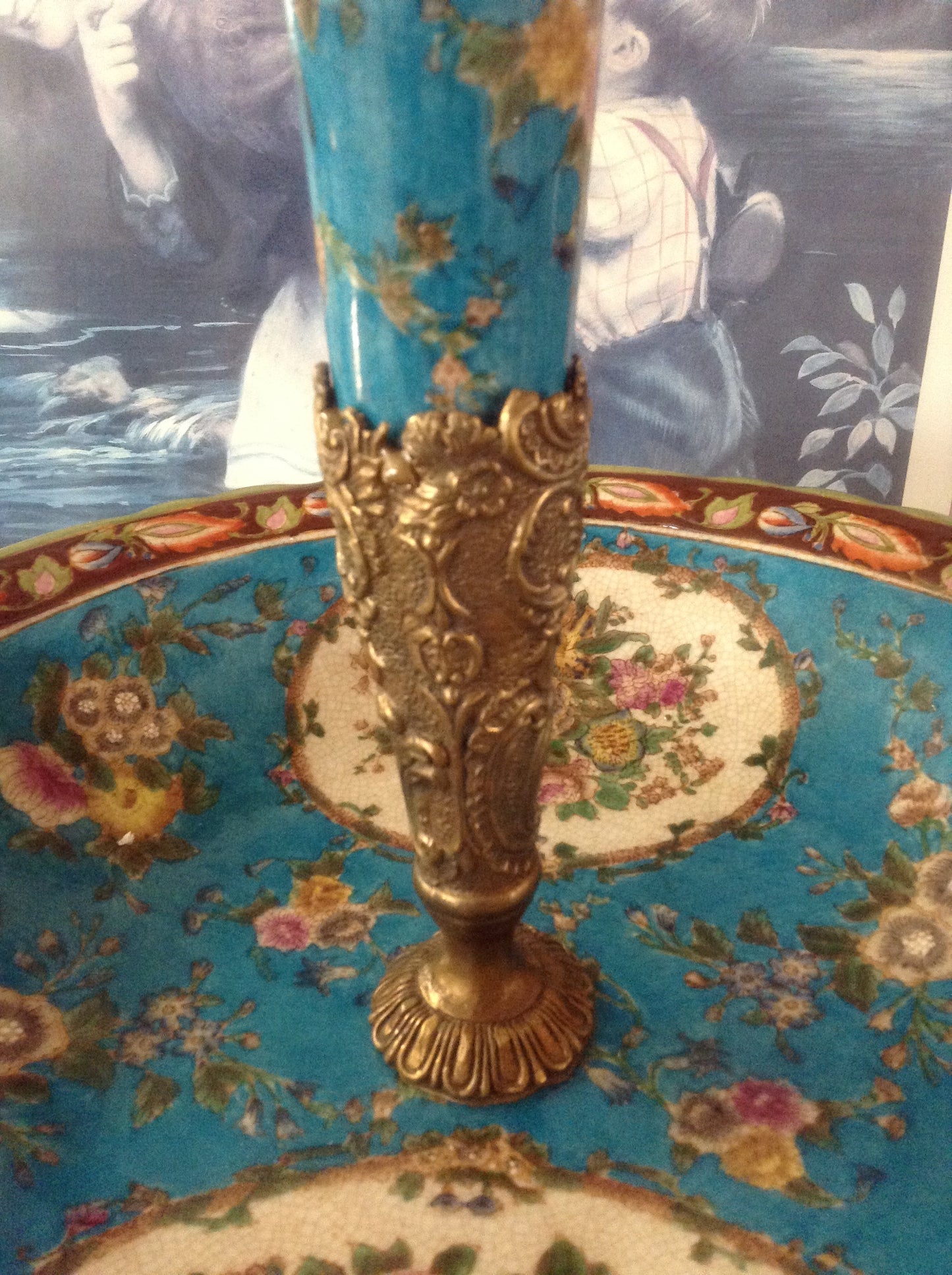 Sevres Porcelain - Blue French Style Fountain Dish w/ Gilt Bronze Cherub-Jantiques LLC.