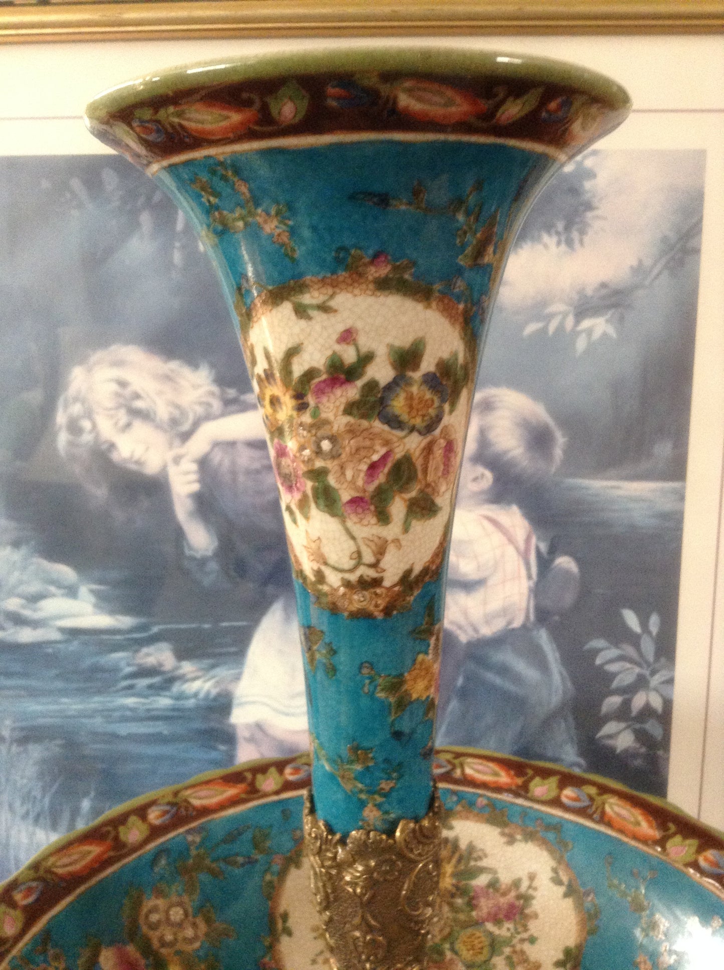 Sevres Porcelain - Blue French Style Fountain Dish w/ Gilt Bronze Cherub-Jantiques LLC.