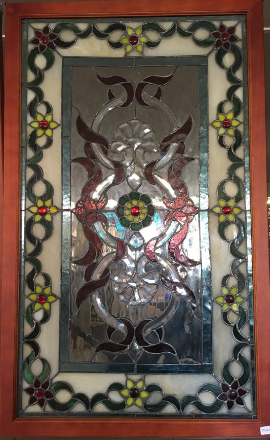 Glass Window - Stained Leaded Wood Frame Ornate Design w/Yellow Flowers-Jantiques LLC.