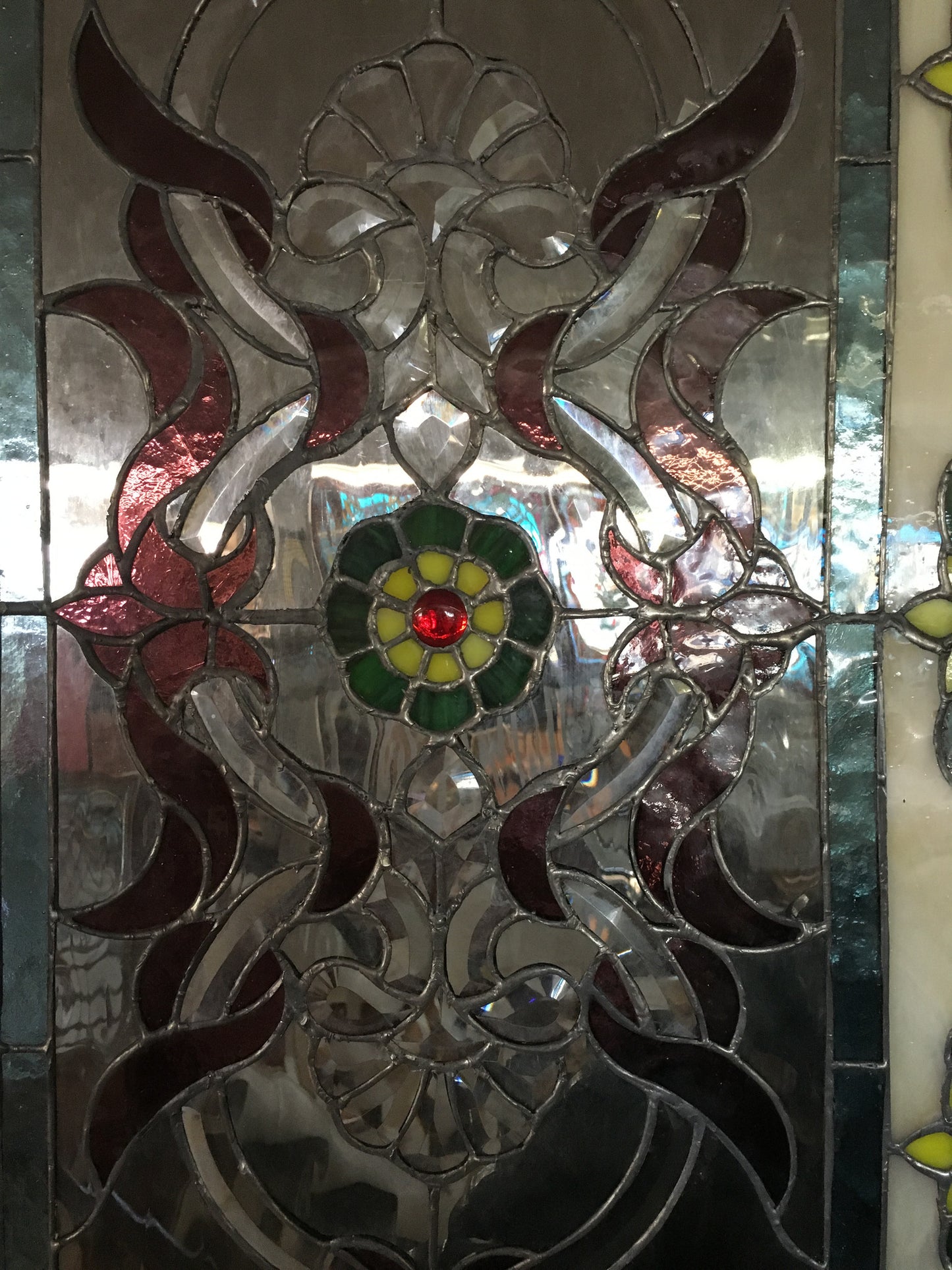 Glass Window - Stained Leaded Wood Frame Ornate Design w/Yellow Flowers-Jantiques LLC.