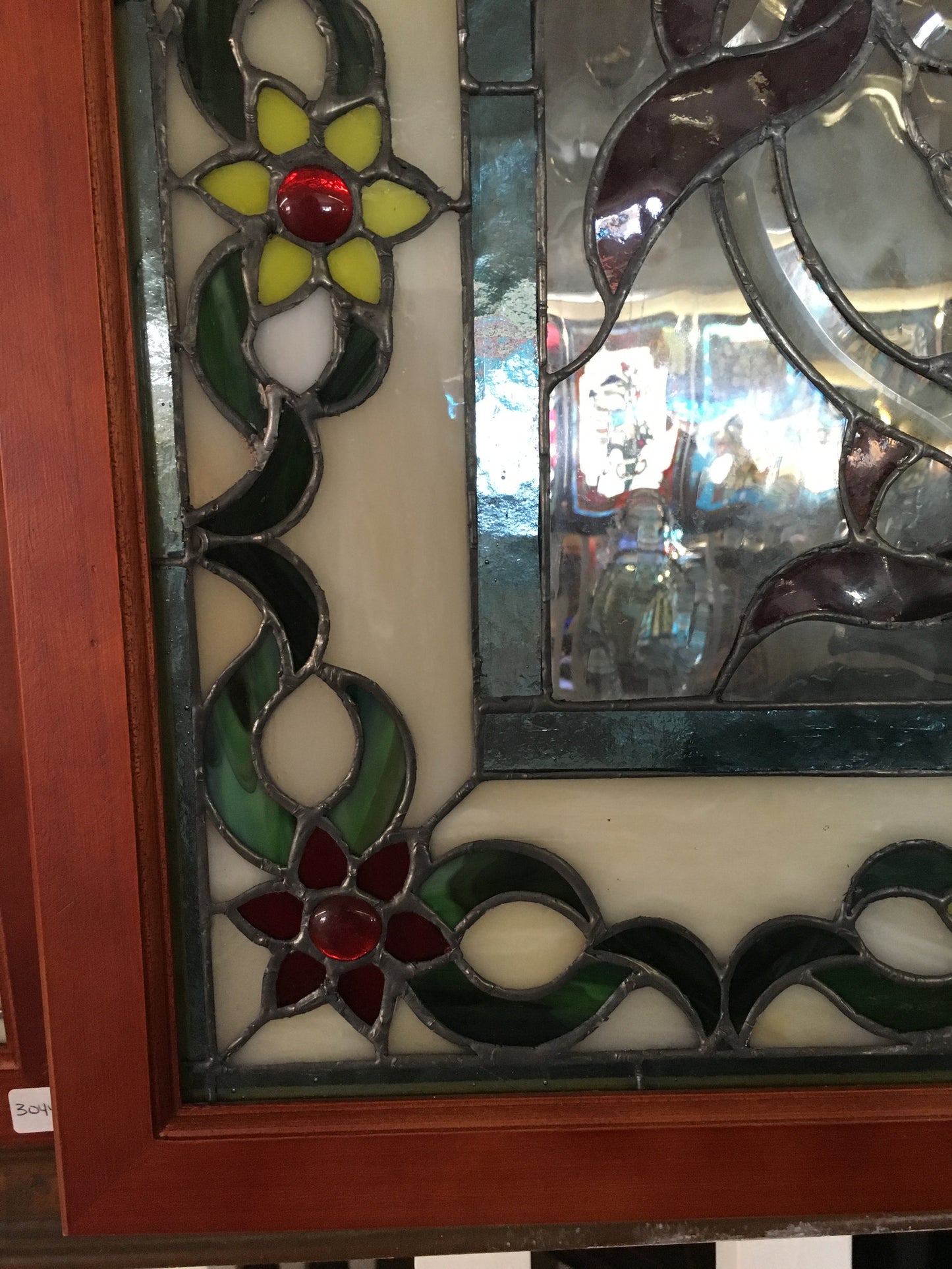 Glass Window - Stained Leaded Wood Frame Ornate Design w/Yellow Flowers-Jantiques LLC.