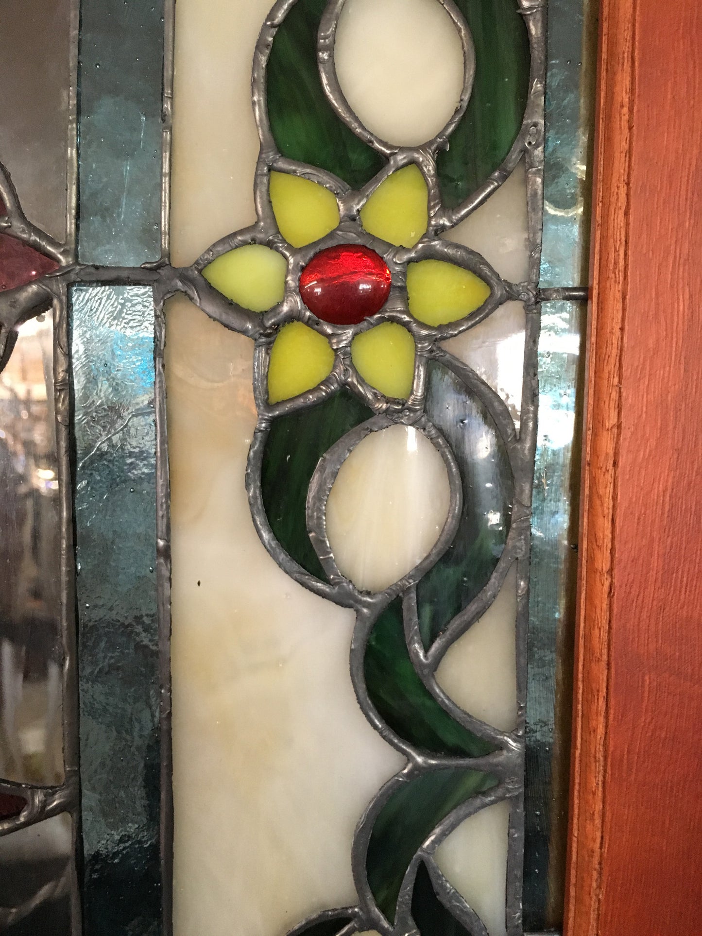 Glass Window - Stained Leaded Wood Frame Ornate Design w/Yellow Flowers-Jantiques LLC.