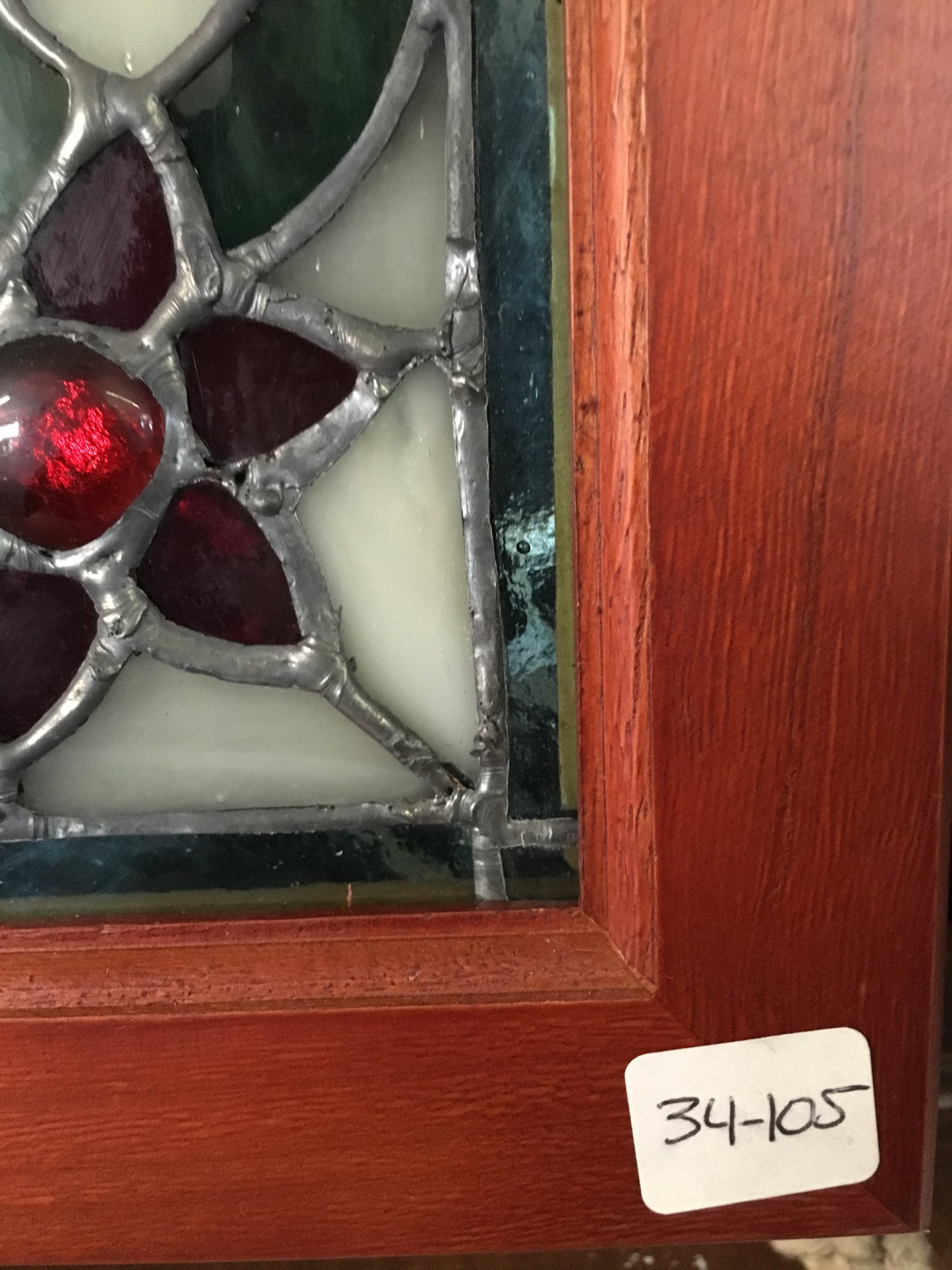 Glass Window - Stained Leaded Wood Frame Ornate Design w/Yellow Flowers-Jantiques LLC.