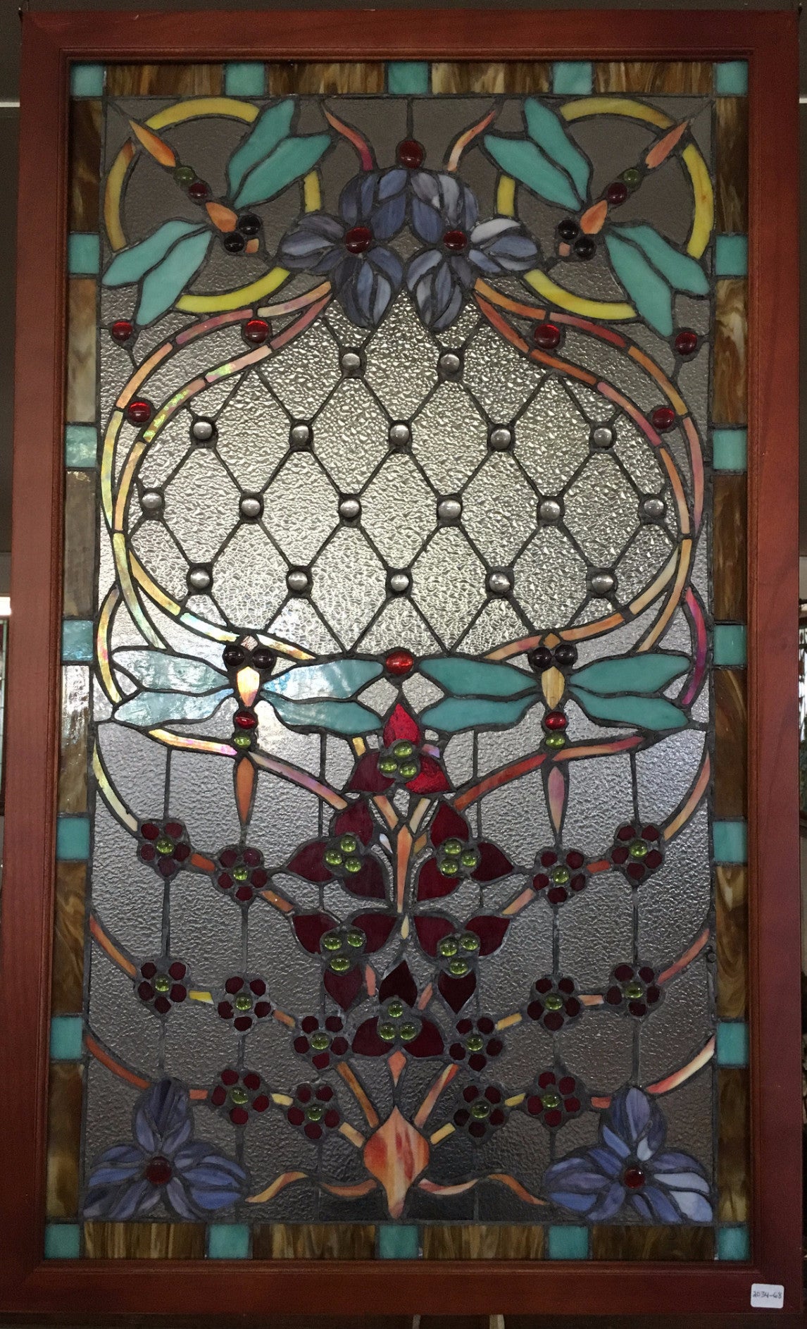 Glass Window - Stained Leaded Wood Frame Dragonfly Design-Jantiques LLC.