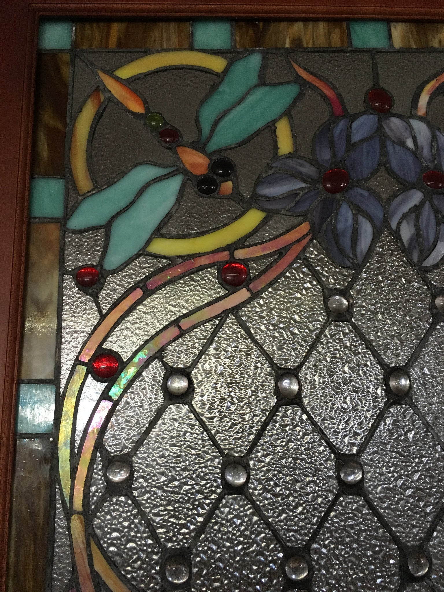 Glass Window - Stained Leaded Wood Frame Dragonfly Design-Jantiques LLC.