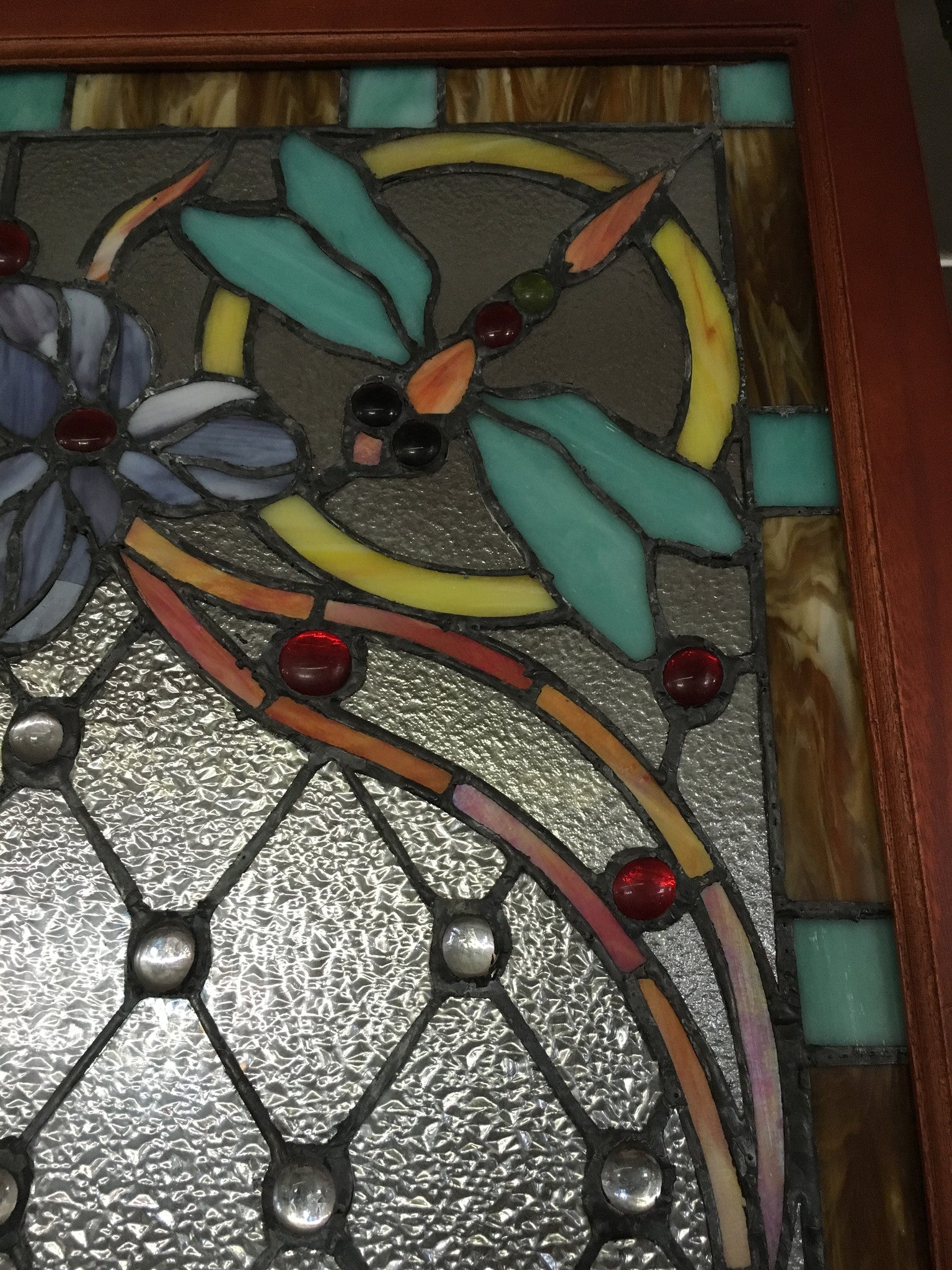 Glass Window - Stained Leaded Wood Frame Dragonfly Design-Jantiques LLC.