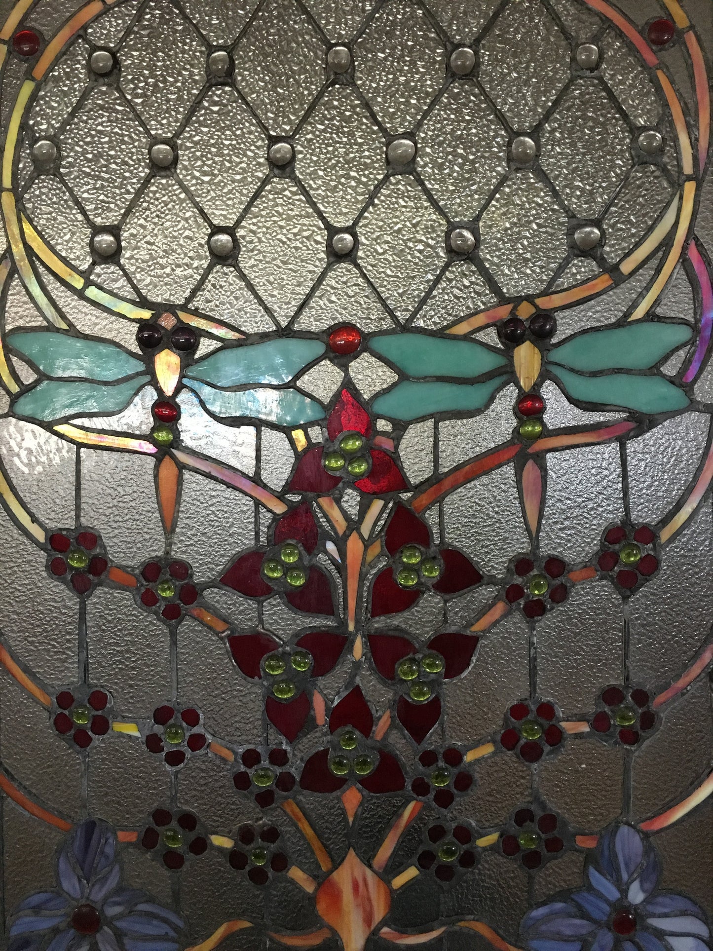 Glass Window - Stained Leaded Wood Frame Dragonfly Design-Jantiques LLC.