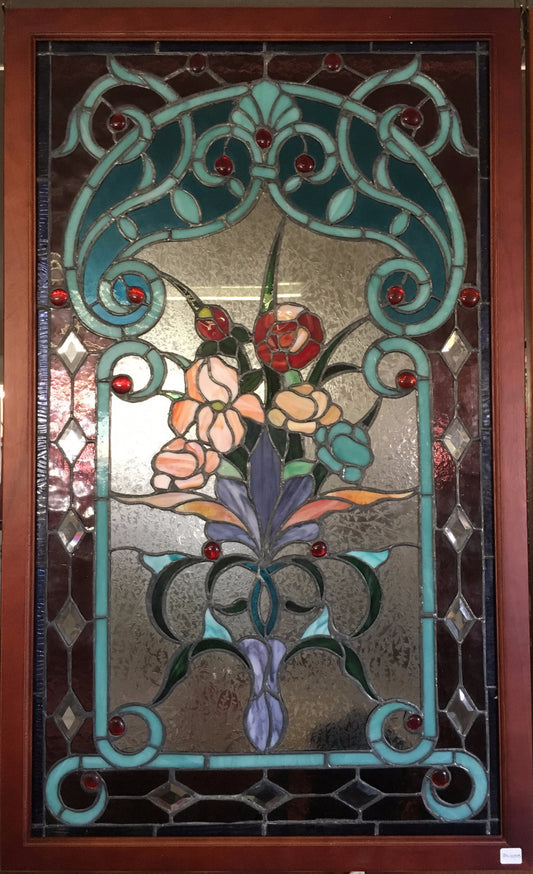 Glass Window - Stained Leaded Wood Frame Red Rose and Flowers in Purple Vase-Jantiques LLC.