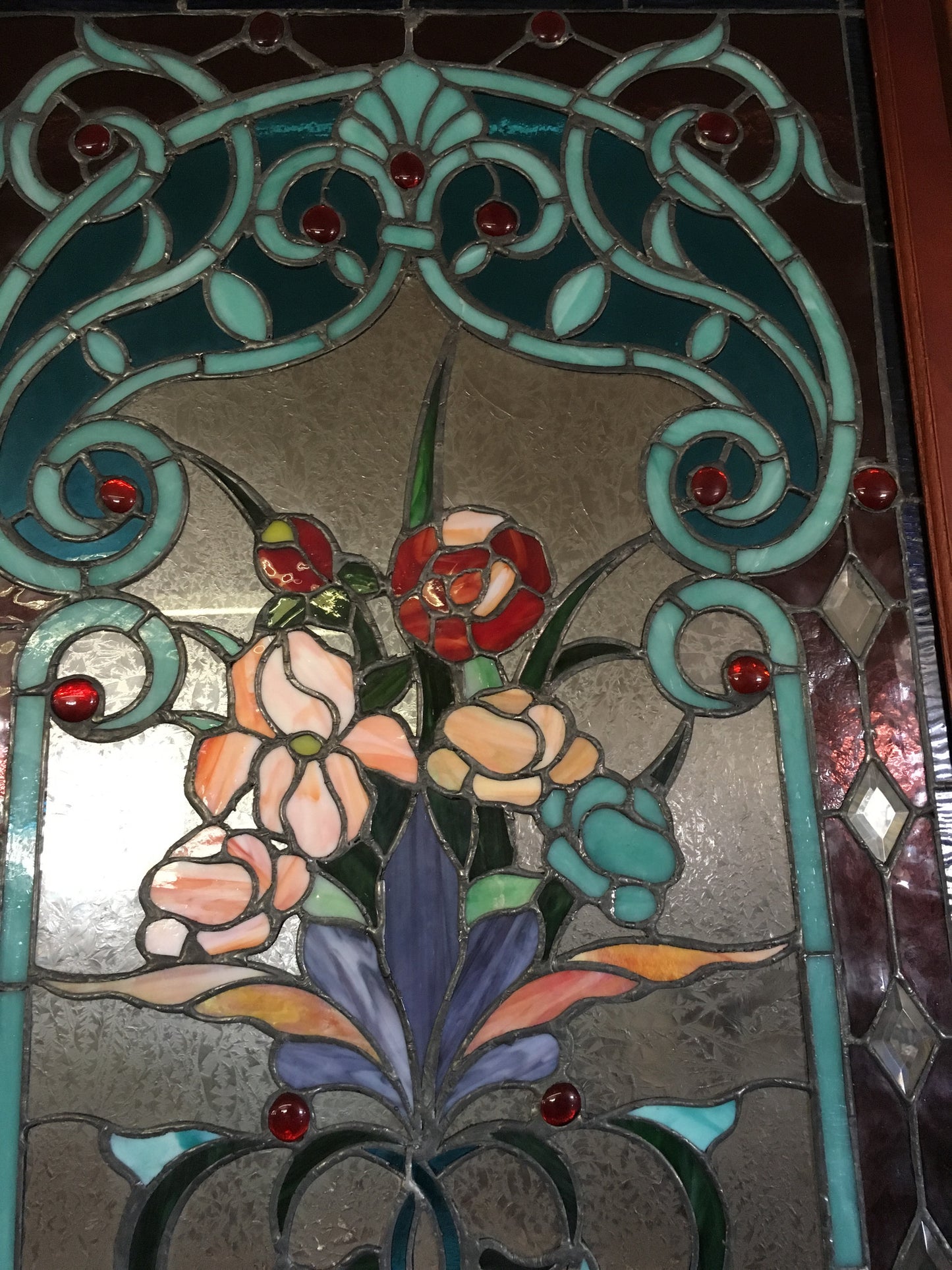 Glass Window - Stained Leaded Wood Frame Red Rose and Flowers in Purple Vase-Jantiques LLC.