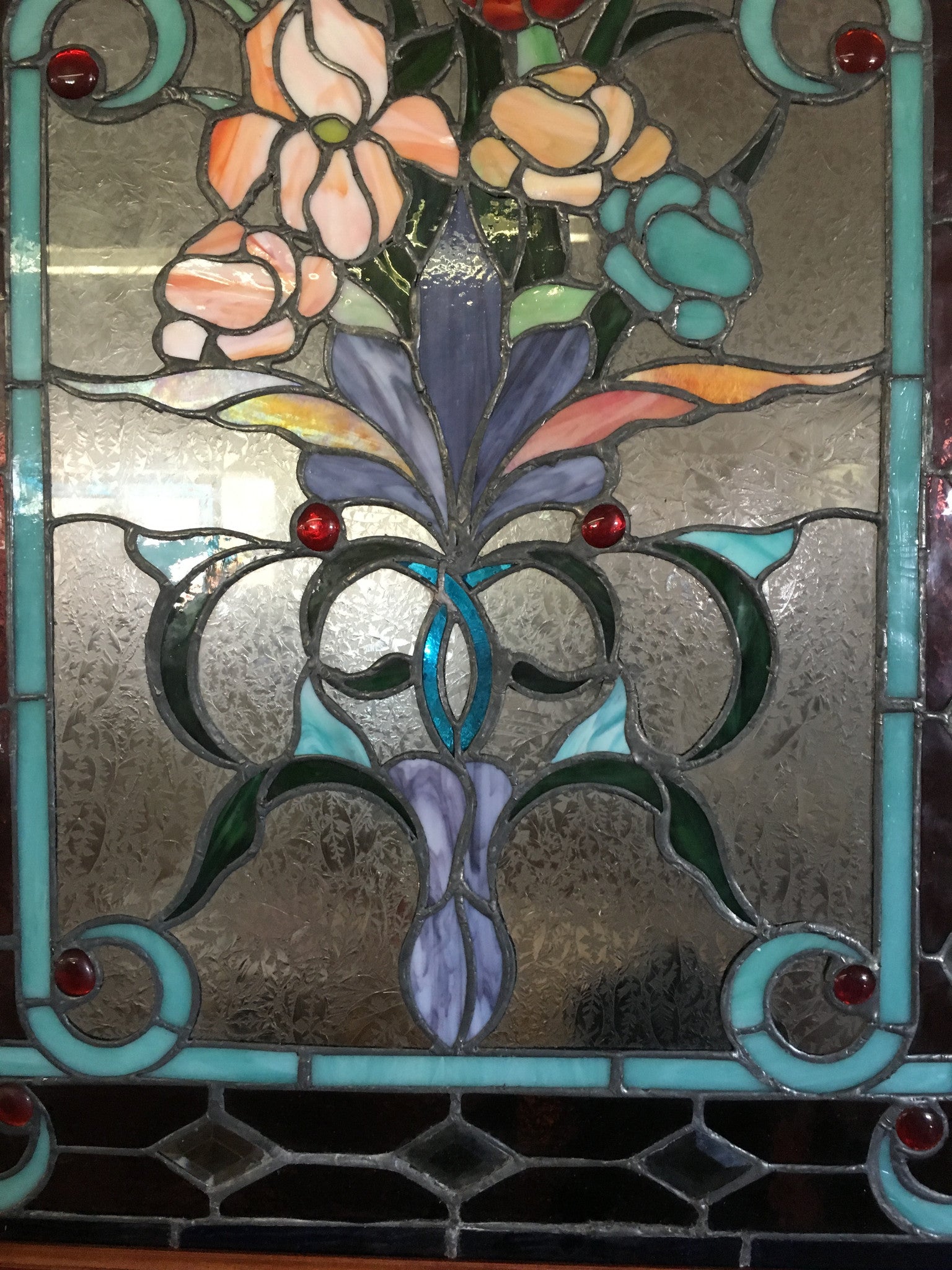 Glass Window - Stained Leaded Wood Frame Red Rose and Flowers in Purple Vase-Jantiques LLC.