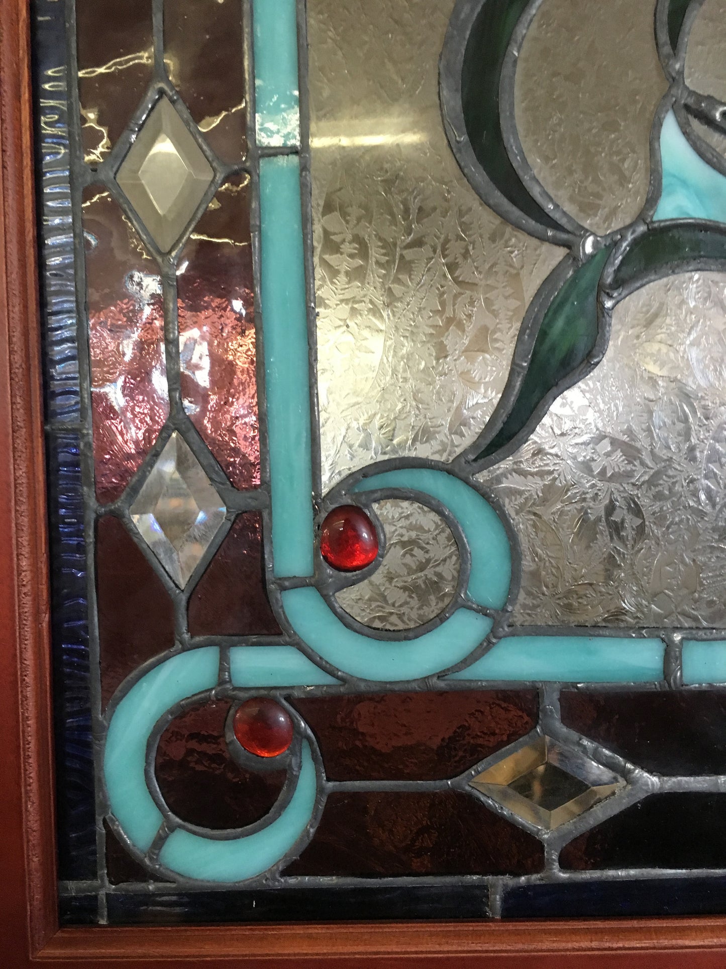 Glass Window - Stained Leaded Wood Frame Red Rose and Flowers in Purple Vase-Jantiques LLC.